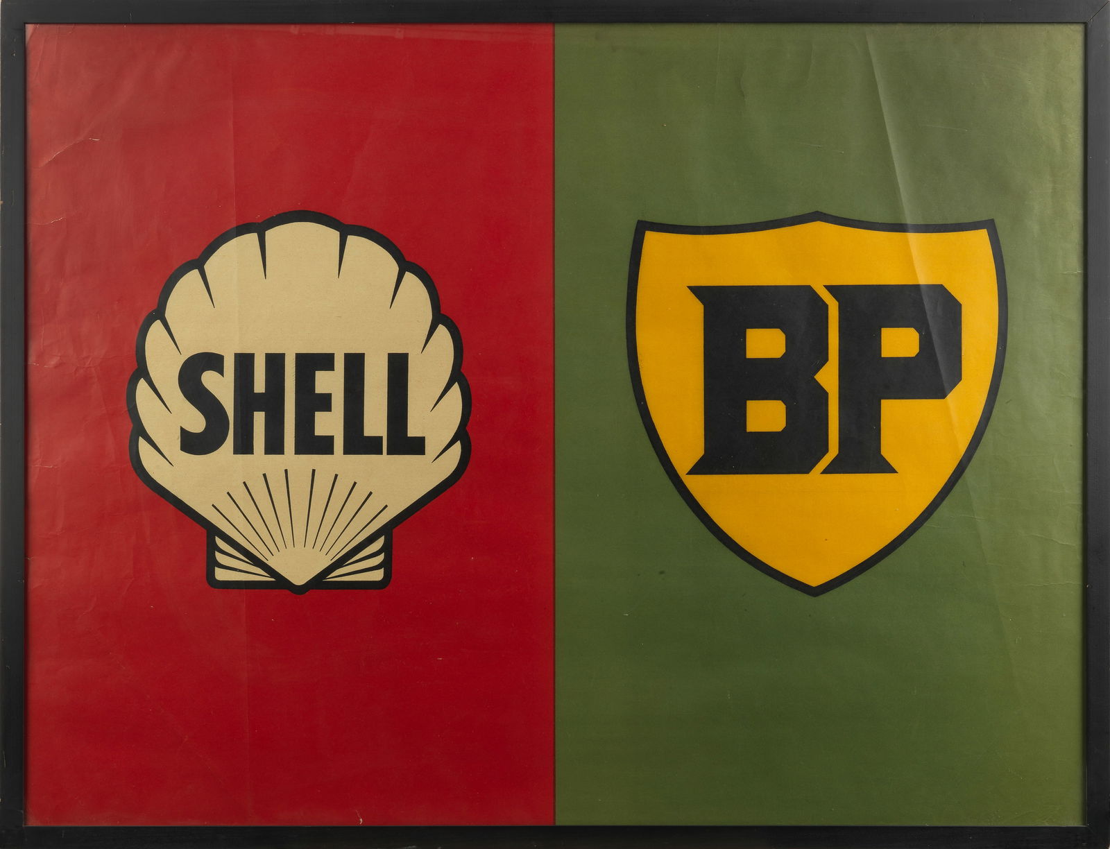 A vintage Shell/BP promotional poster, ((2)): A vintage Shell/BP promotional poster, lithograph on paper, featuring the Shell and BP logos on red and green ground, some old light creasing and slight tears to edges in places, 75 x 101xm, framed an