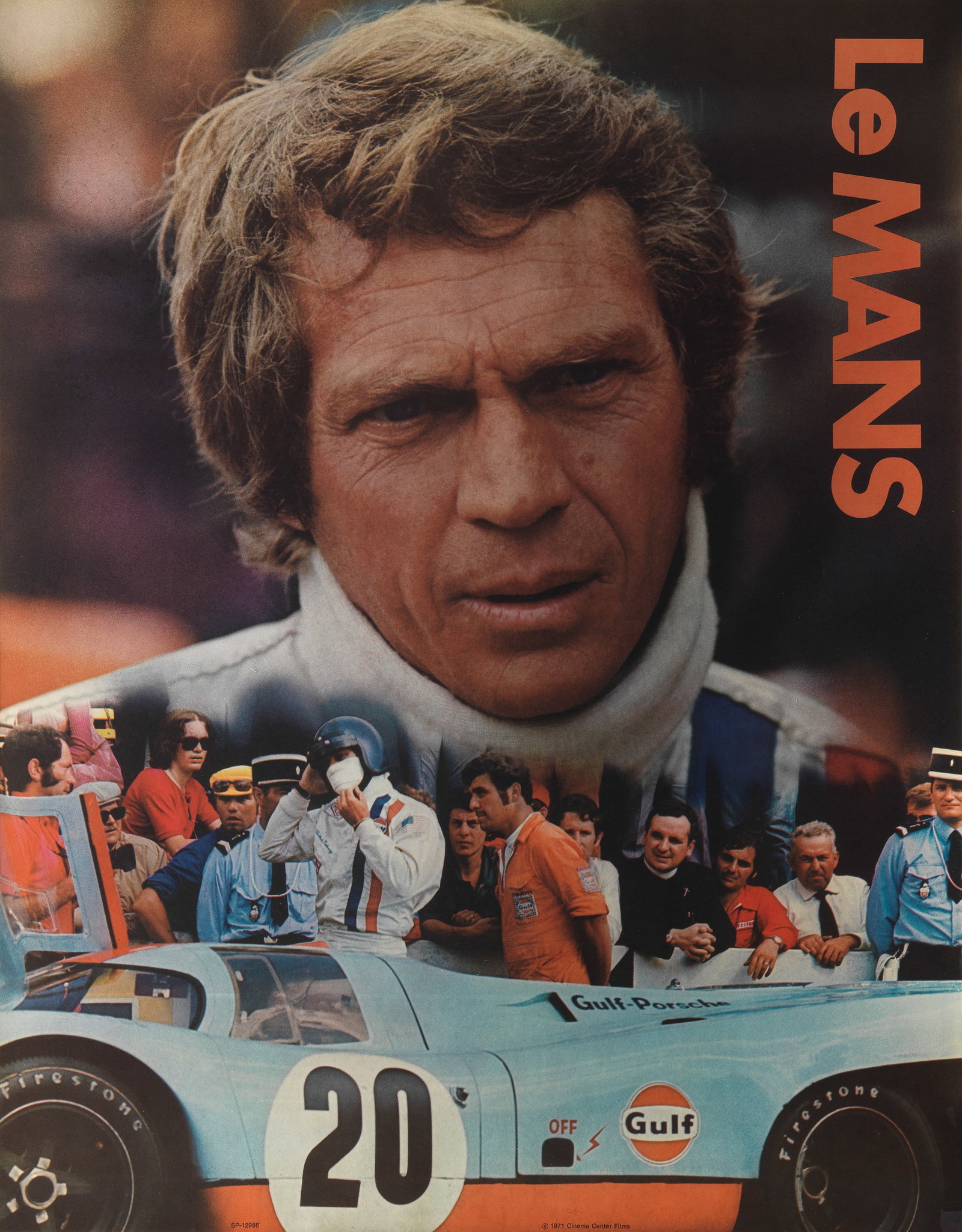 An original Steve McQueen Le Mans poster by Cinema Centre Films,: An original Steve McQueen Le Mans poster by Cinema Centre Films, 22 x 17 inches, 'SP-12988' and '© 1971 Cinema Center Films' to lower edge. Lot to be sold without reserve.