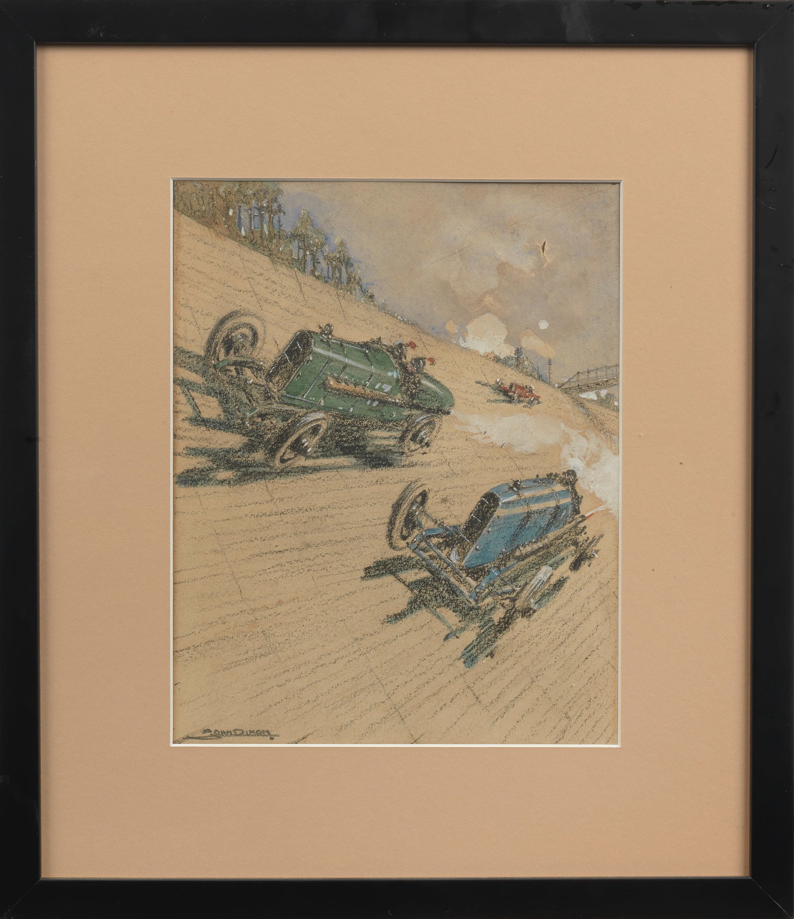 John Dixon (Irish 1895-1970), 'Flat-out racing on the Brooklands Banking',: John Dixon (Irish 1895-1970), 'Flat-out racing on the Brooklands Banking', signed, mixed media on artist's board, 1920s race scene , 26 x 20cm, some slight surface wear to upper right section of paper
