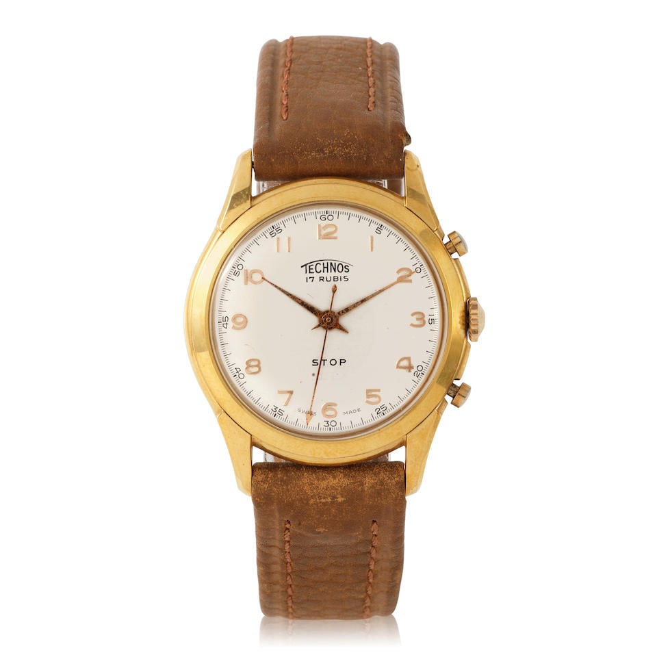Technos. A gold plated manual wind chronograph wristwatch with hacking seconds  Technos. Chronog... (1 of 4)