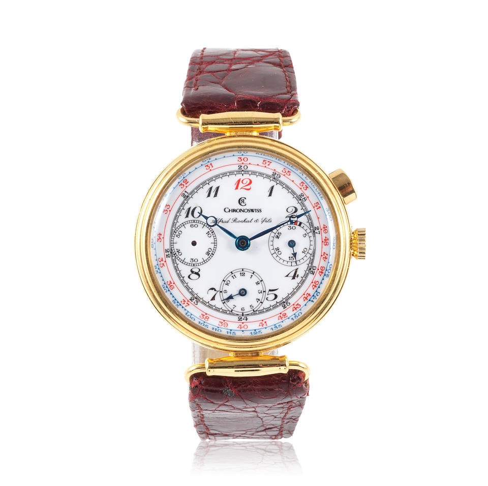 Chronoswiss, Alfred Rochat & Fils. A gold plated manual wind chronograph wristwatch, incomplete ...: Chronoswiss, Alfred Rochat & Fils. A gold plated manual wind chronograph wristwatch, incomplete Chronoswiss, Alfred Rochat & Fils. Chronographe bracelet en acier plaqué or mouvement mécaniqu