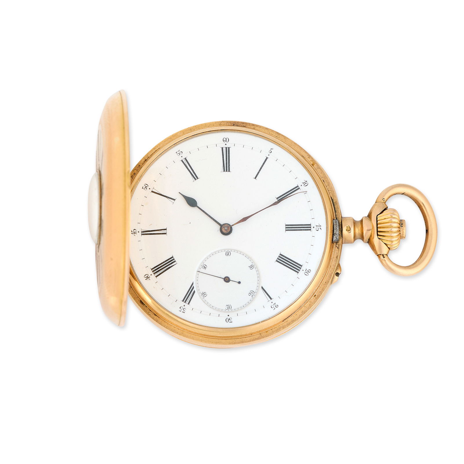 Louis Audemars, Brassus & Genève. A 14K gold keyless wind half hunter pocket watch Circa 1880: Louis Audemars, Brassus & Genève. A 14K gold keyless wind half hunter pocket watch Date: Circa 1880 Movement: Swiss lever, cut and compensated bi-metallic balance, wolf's tooth winding Dial: Whit