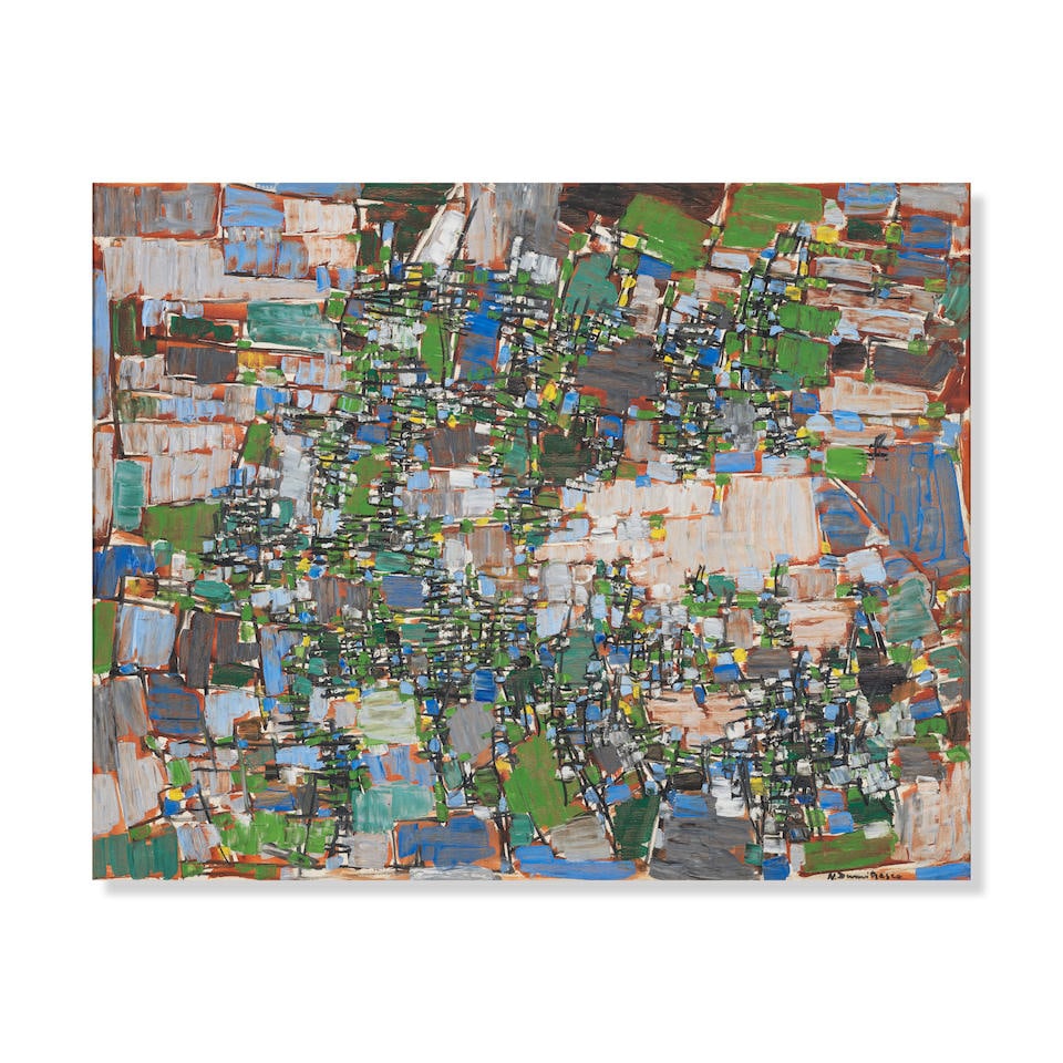 NATALIA DUMITRESCO (1915-1997) Vert et bleu1957: NATALIA DUMITRESCO (1915-1997) Vert et bleu 1957 signé ; signé, titré, daté 57 et inscrit 18 rue Sauvageot Paris 14e au revers huile sur toile signed ; signed, titled, dated 57 and