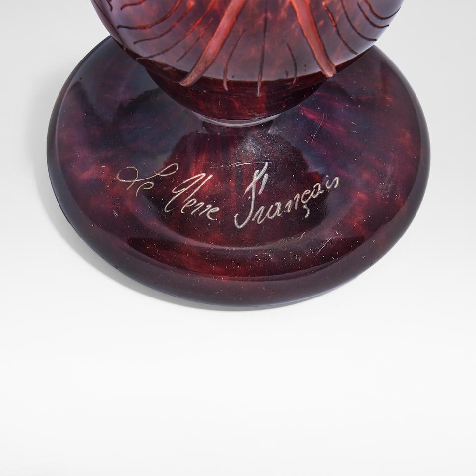 Charles Schneider 'Digitale' Le Verre Français vase, circa 1920: Charles Schneider 'Digitale' Le Verre Français vase, circa 1920 Mottled and frosted pink and clear glass, acid-etched in relief with floral and foliate design, overlaid in mottled orange and brow
