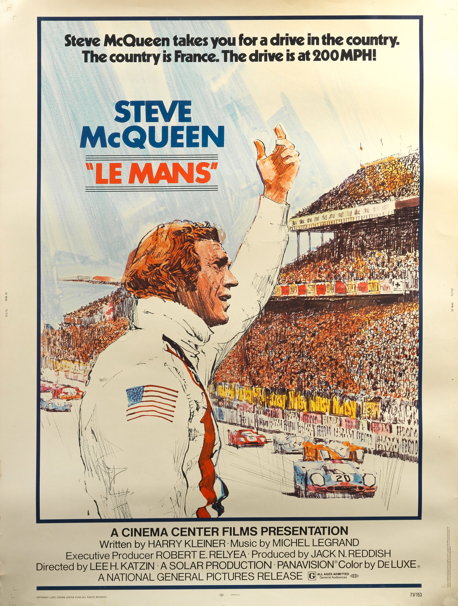 An original 'Steve McQueen - Le Mans' US 30x40 film poster,: An original 'Steve McQueen - Le Mans' US 30x40 film poster, 1971, scarce size format, for the 1971 film produced by Cinema Center Films, colour lithograph printed in USA on light card, featuring artwo