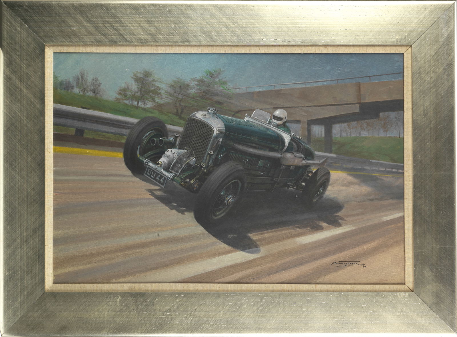 Michael Turner (British, 1934-), 'Bentley Old No.1',: Michael Turner (British, 1934-), 'Bentley Old No.1', signed lower right and dated '88, acrylic on canvas, depicting Ed Hubbard in the Bentley Speed Six 'UU 44' at speed on a banked track, 49 x 75cm, f
