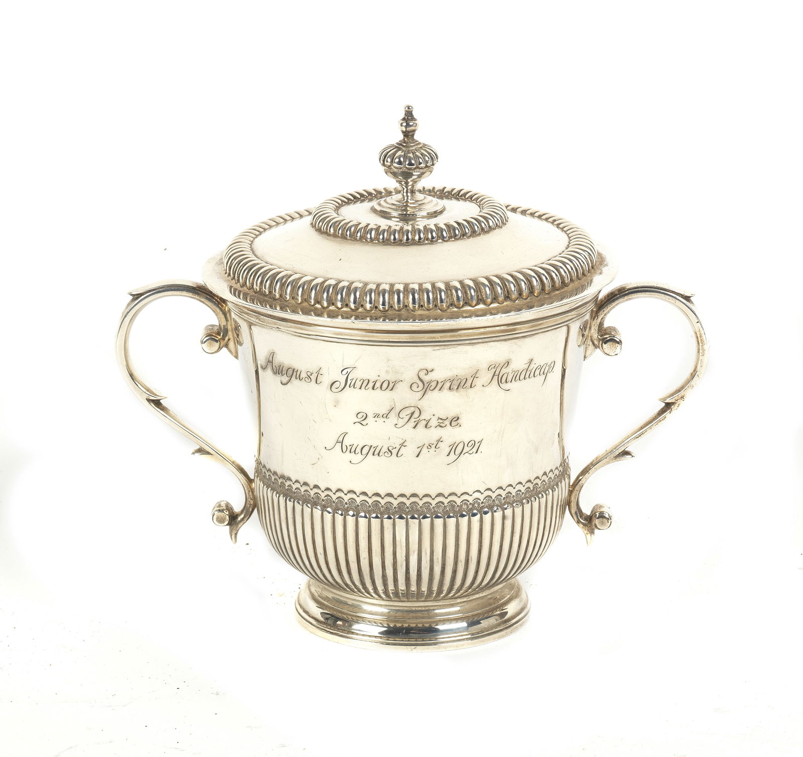 A 1921 BARC Brooklands August Junior Sprint Handicap 2nd place sterling silver trophy, awarded t...: A 1921 BARC Brooklands August Junior Sprint Handicap 2nd place sterling silver trophy, awarded to Malcolm Campbell, George V twin-handled trophy with lid, by Charles & Richard Comyns, hallmarked Londo