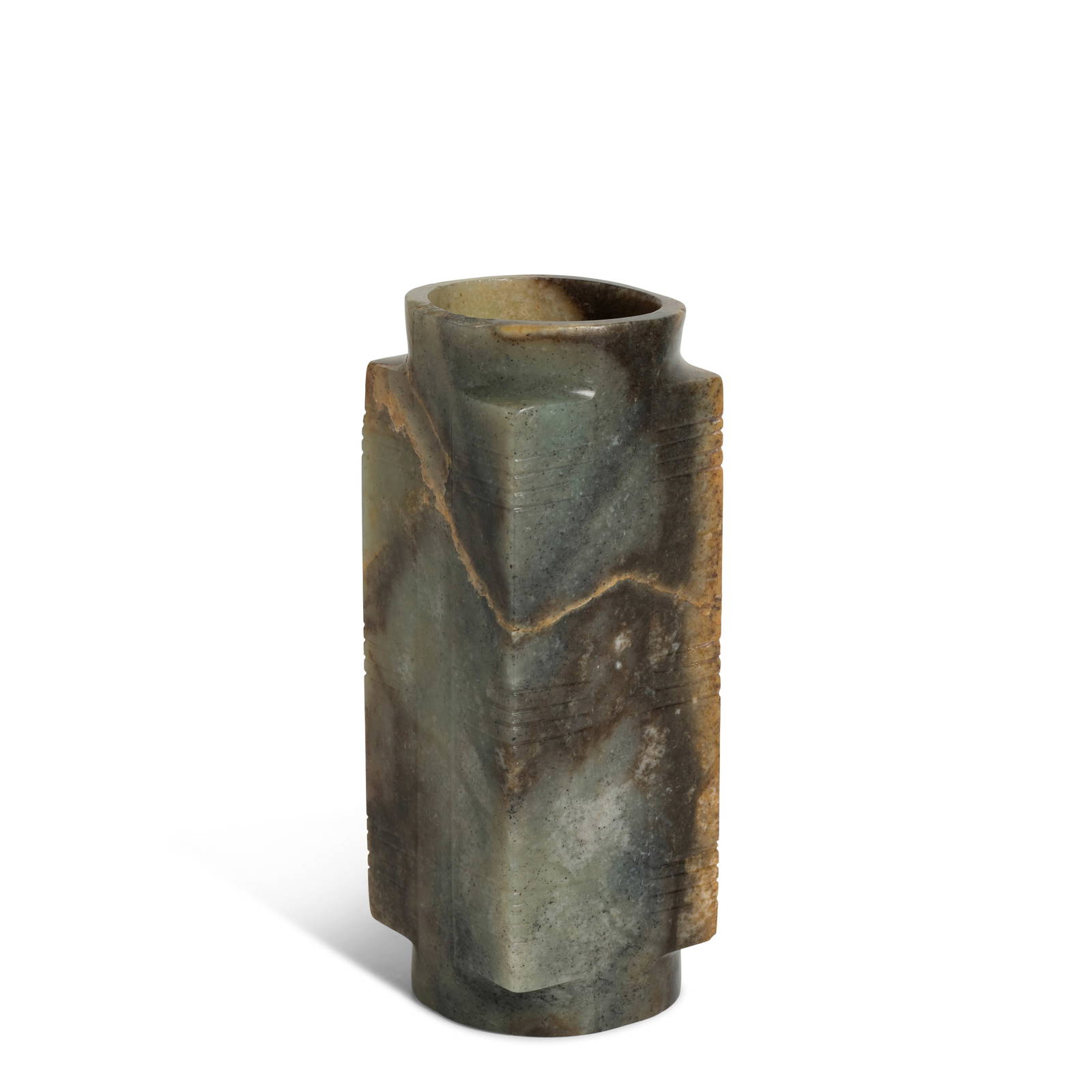 AN OLIVE-GREEN AND BROWN JADE CONG Shang Dynasty or later