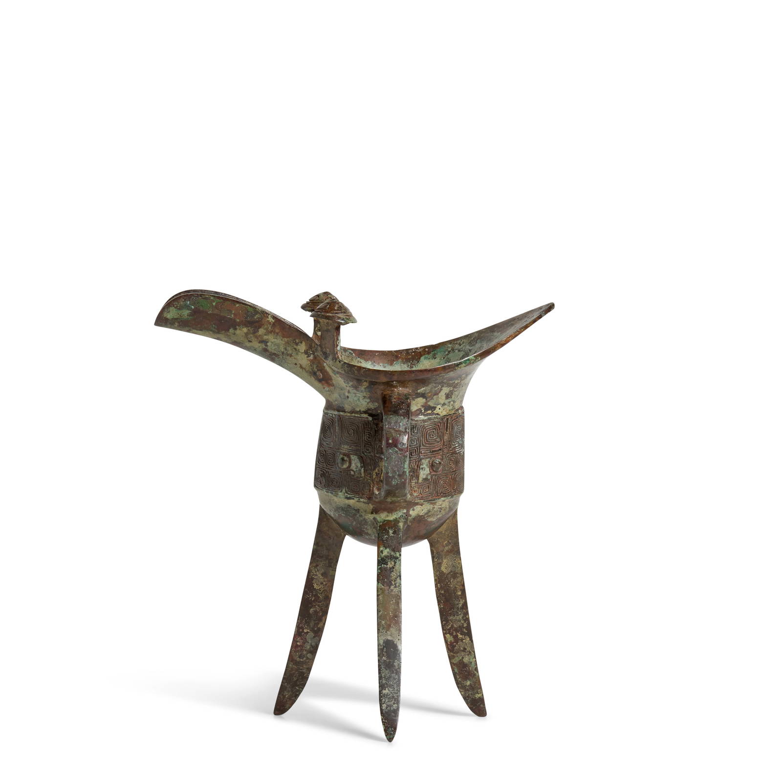 AN ARCHAIC BRONZE RITUAL WINE VESSEL, JUE Late Shang Dynasty