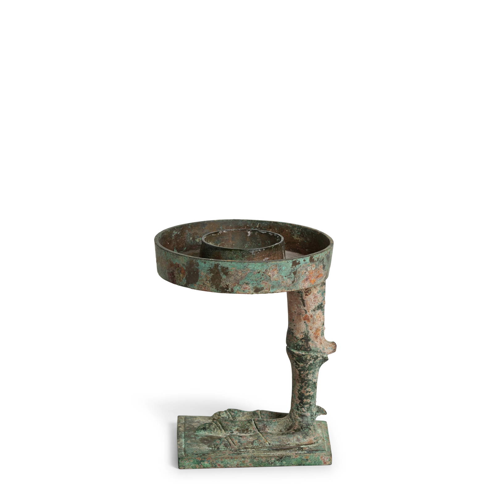 AN ARCHAIC BRONZE LAMP WITH GOOSEFOOT STAND Western Han Dynasty