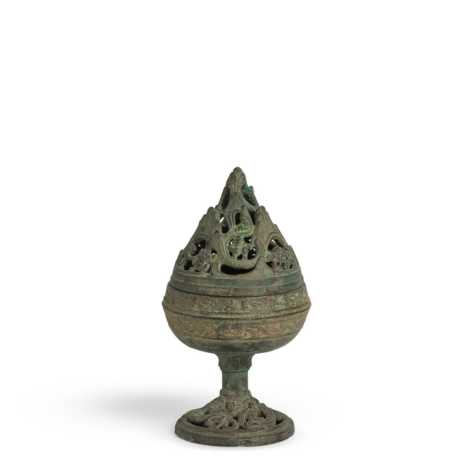 AN ARCHAIC BRONZE FOOTED CENSER AND COVER, BOSHANLU Han Dynasty