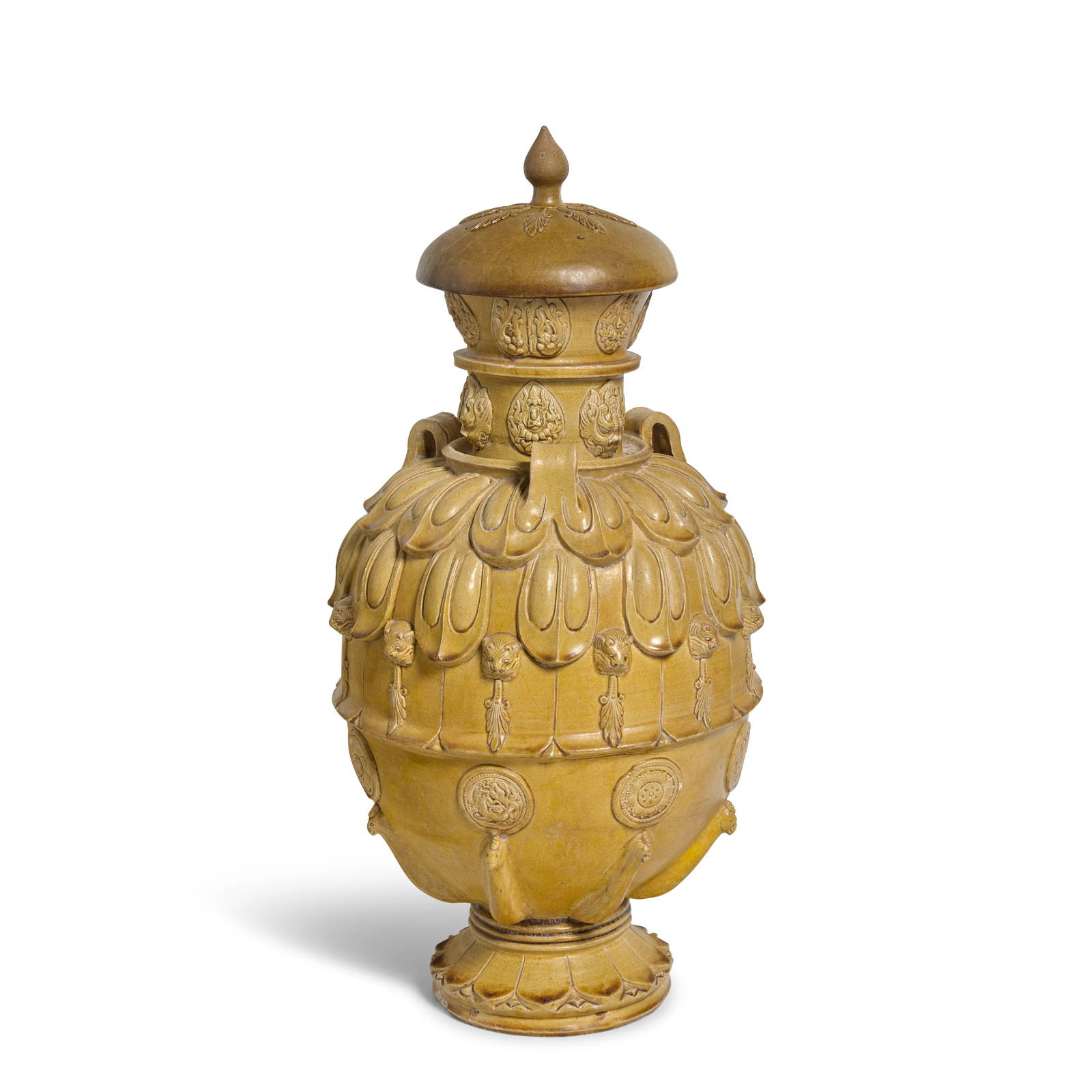A MAGNIFICENT AND LARGE OLIVE-GREEN-GLAZED 'LOTUS' VASE AND COVER Northern Qi Dynasty