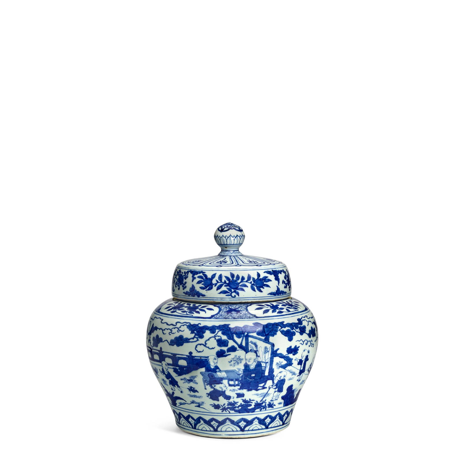 A MAGNIFICENT AND IMPORTANT BLUE AND WHITE 'BOYS' JAR AND COVER Jiajing six-character mark and o...