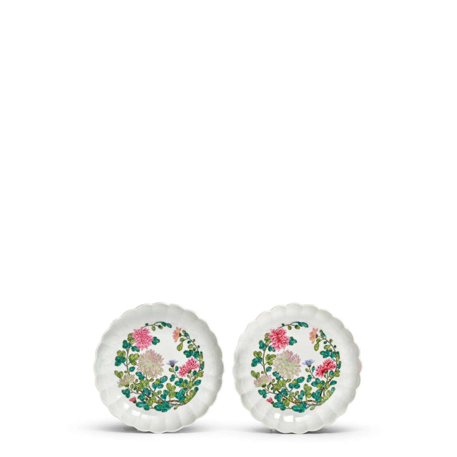 A SUPERB AND UNIQUE PAIR OF FAMILLE-ROSE 'CHRYSANTHEMUM' DISHES Yongzheng six-character marks an...