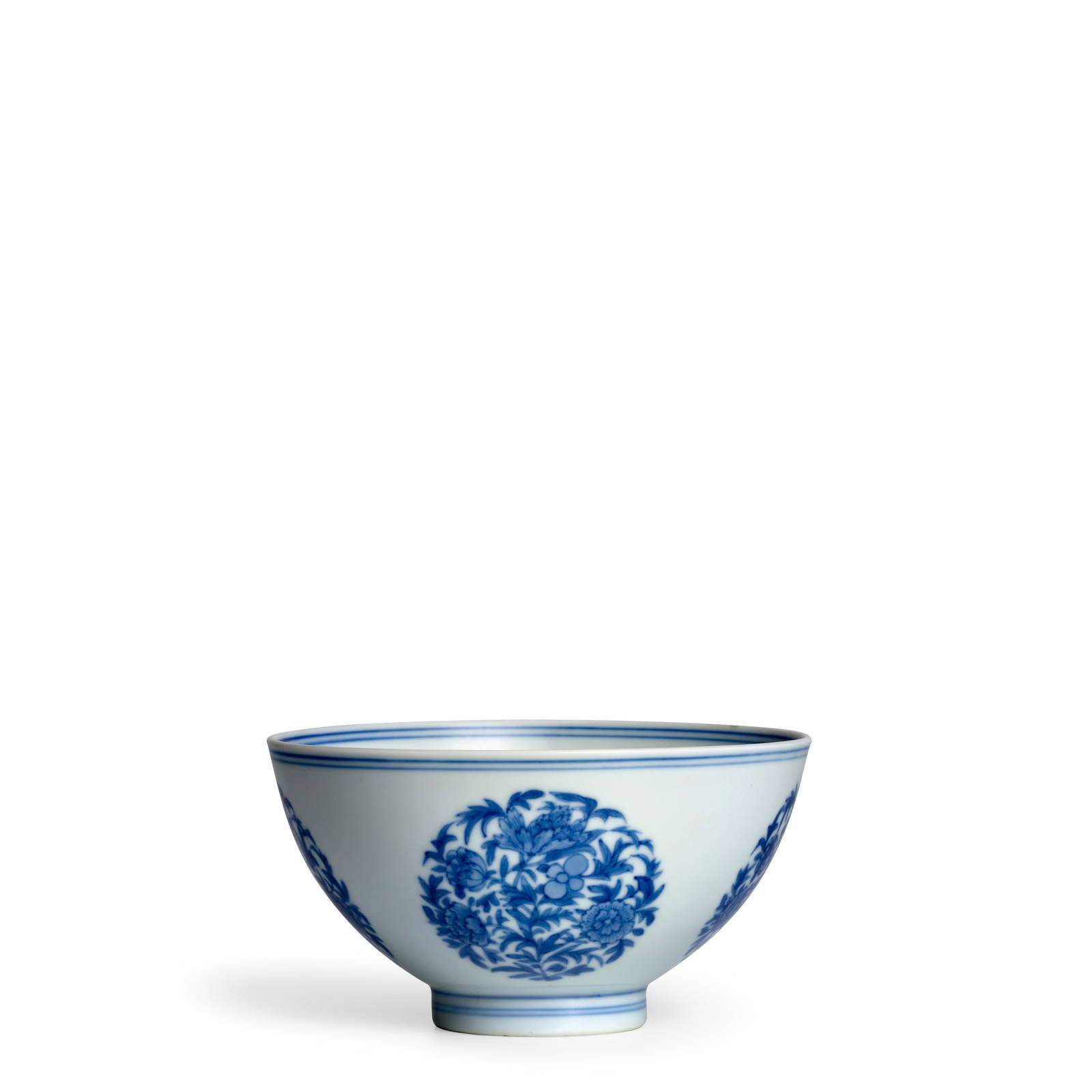 A FINE BLUE AND WHITE 'FLORAL MEDALLION' SMALL BOWL Yongzheng six-character mark and of the period