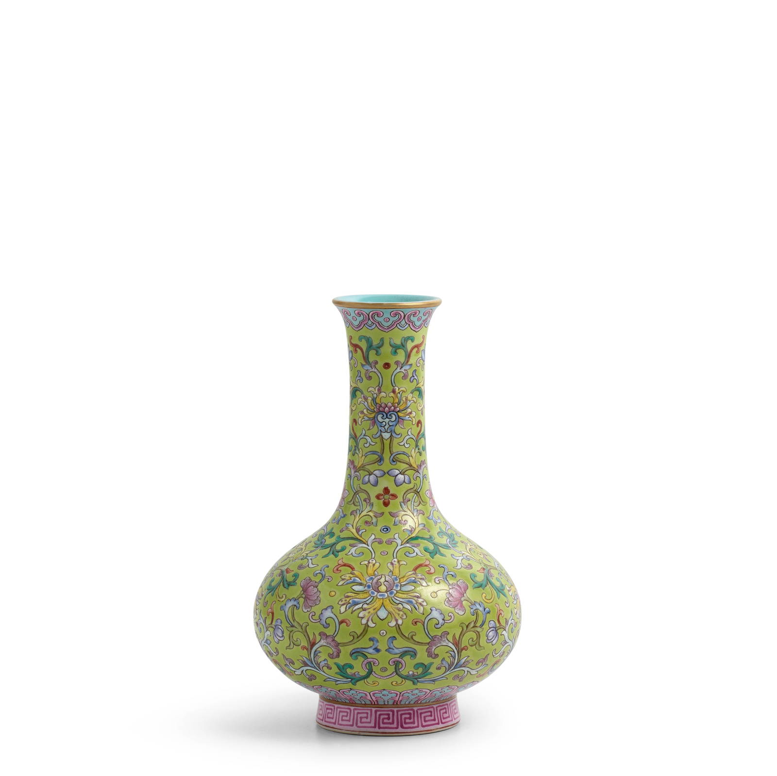 A FINE AND RARE LIME-GROUND FAMILLE-ROSE 'LOTUS' SMALL BOTTLE VASE Qianlong six-character seal m...