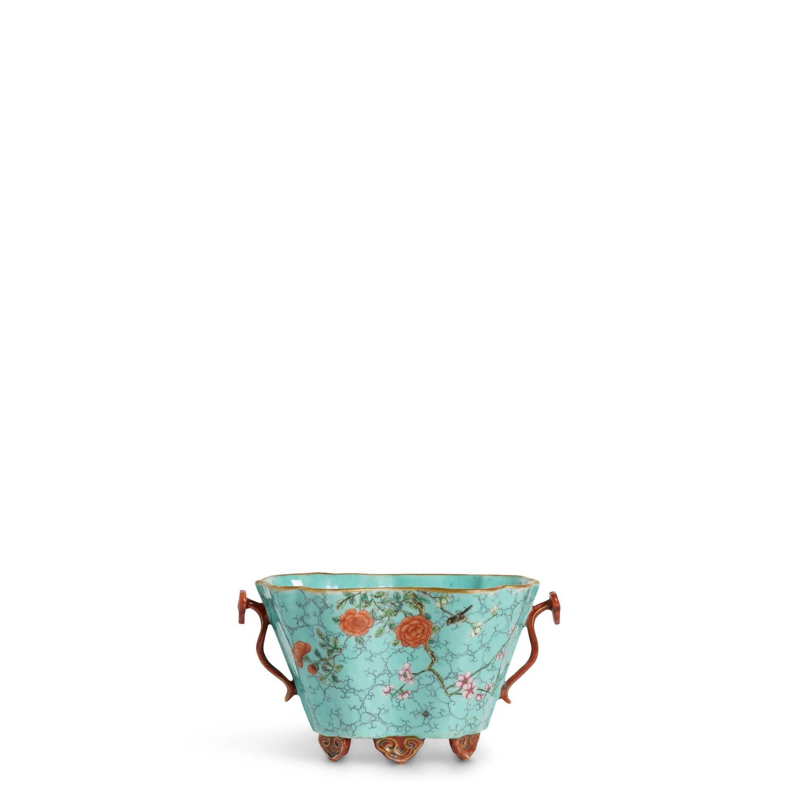 A TURQUOISE-GROUND FAMILLE-ROSE RUYI-HANDLED CUP Qianlong four-character seal mark and of the pe...