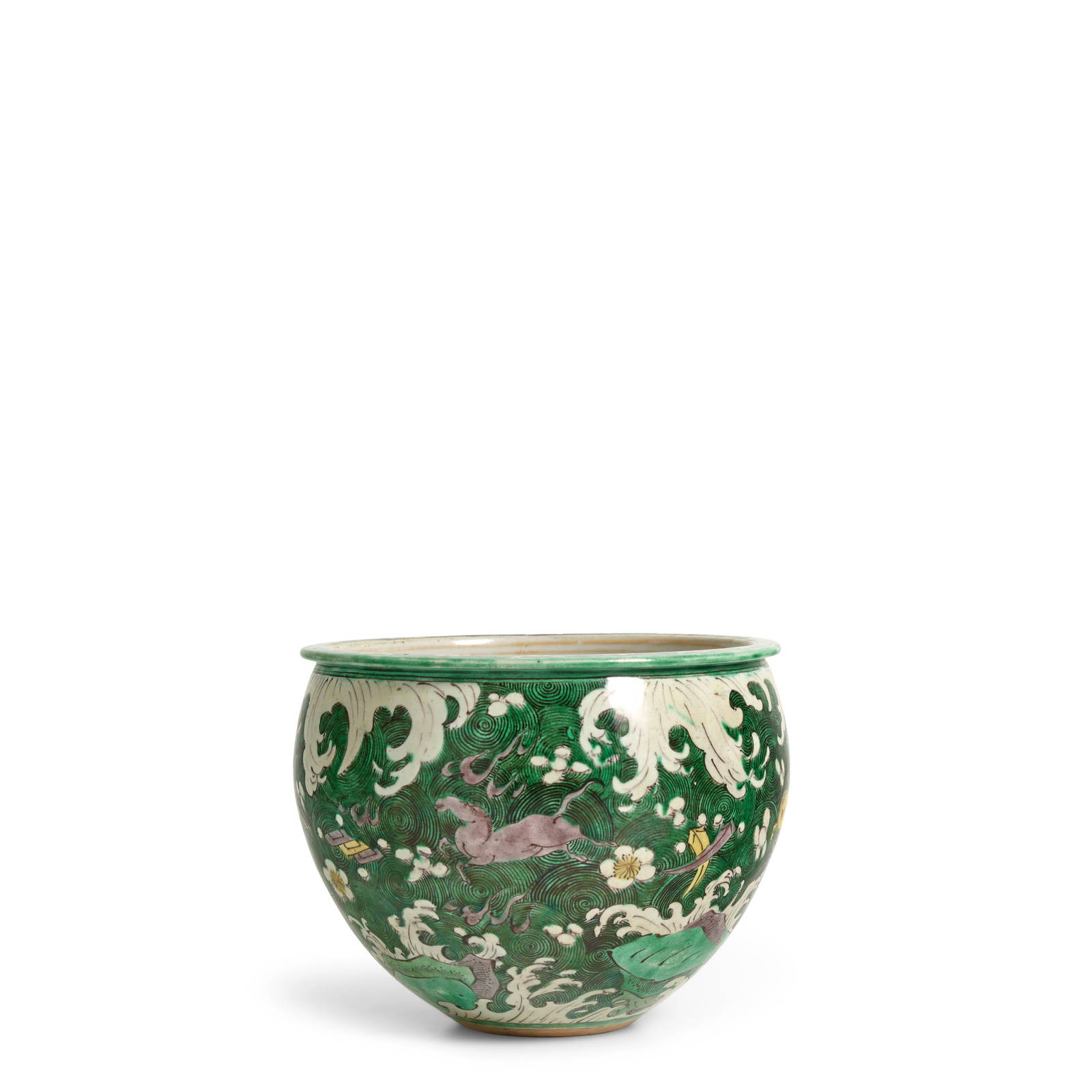 A SMALL FAMILLE VERTE 'HORSES AND WAVES' BISCUIT PORCELAIN JARDINIERE Kangxi period