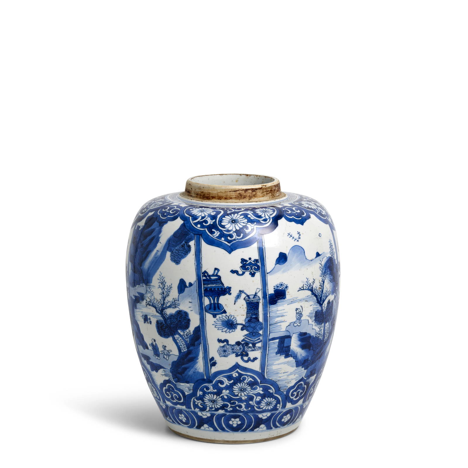 A LARGE, FINELY PAINTED BLUE AND WHITE 'LANDSCAPE' AND 'HUNDRED ANTIQUES' OVIFORM JAR Kangxi pe...