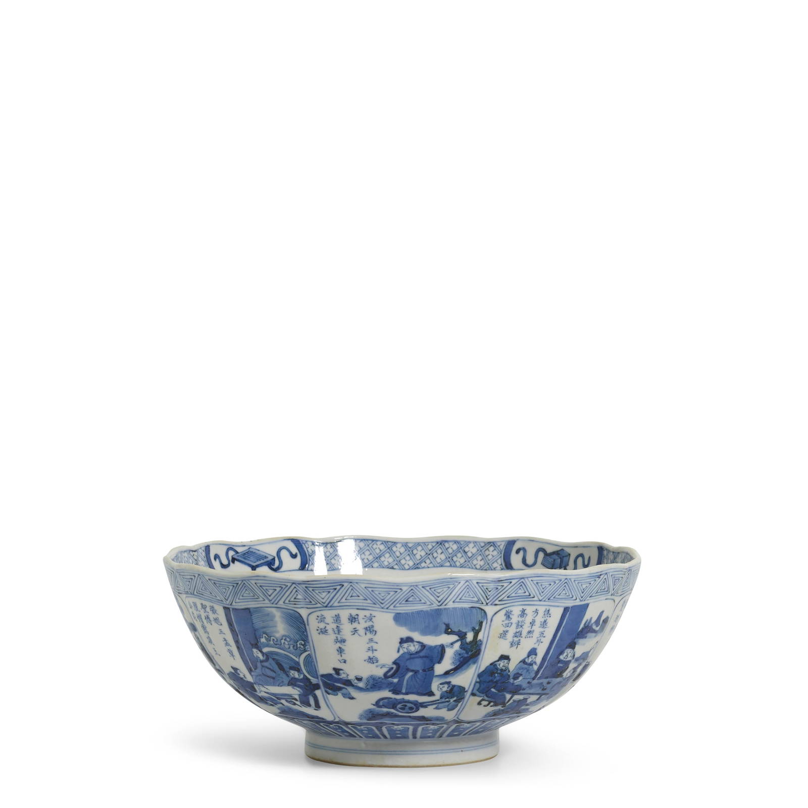 A BLUE AND WHITE FOLIATE-RIMMED 'FIGURAL' BOWL Kangxi period