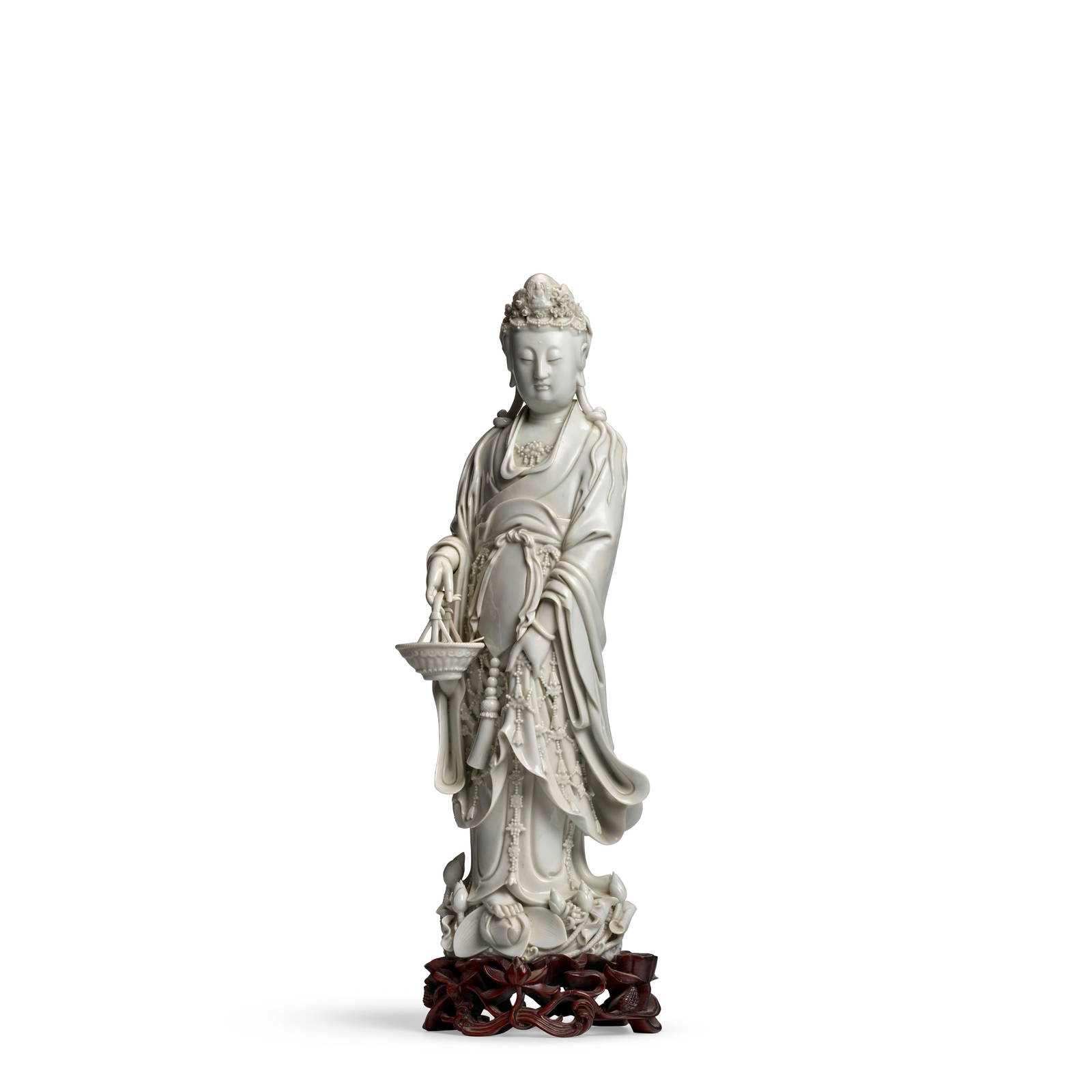 A LARGE AND IMPRESSIVE DEHUA BLANC DE CHINE FIGURE OF YULAN GUANYIN 1780-1880, impressed Boji Y...