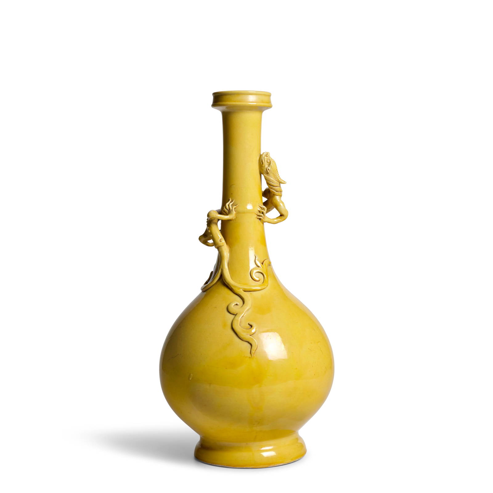 A LARGE IMPERIAL-YELLOW-GLAZED GLOBULAR TALL-NECKED 'APPLIED DRAGON' VASE 18th/early 19th century