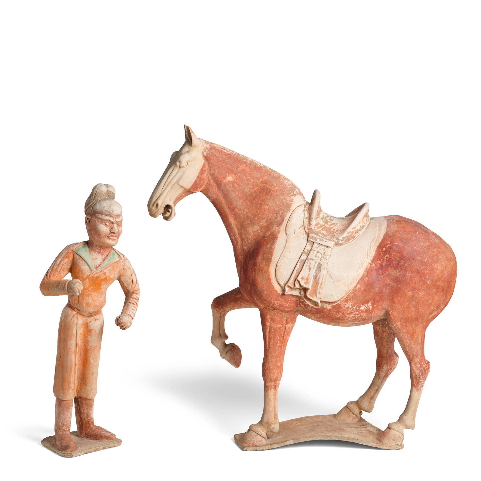 A PAINTED POTTERY MODEL OF A HORSE AND A PAIRED GROOM Tang Dynasty (2)