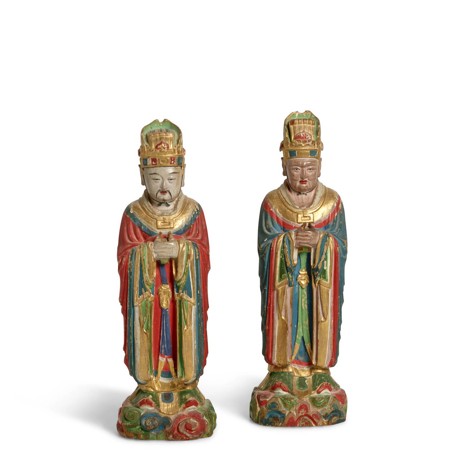 TWO FINE GILT AND POLYCHROMED WOOD FIGURES OF DAOIST OFFICIALS Late Ming Dynasty (2)