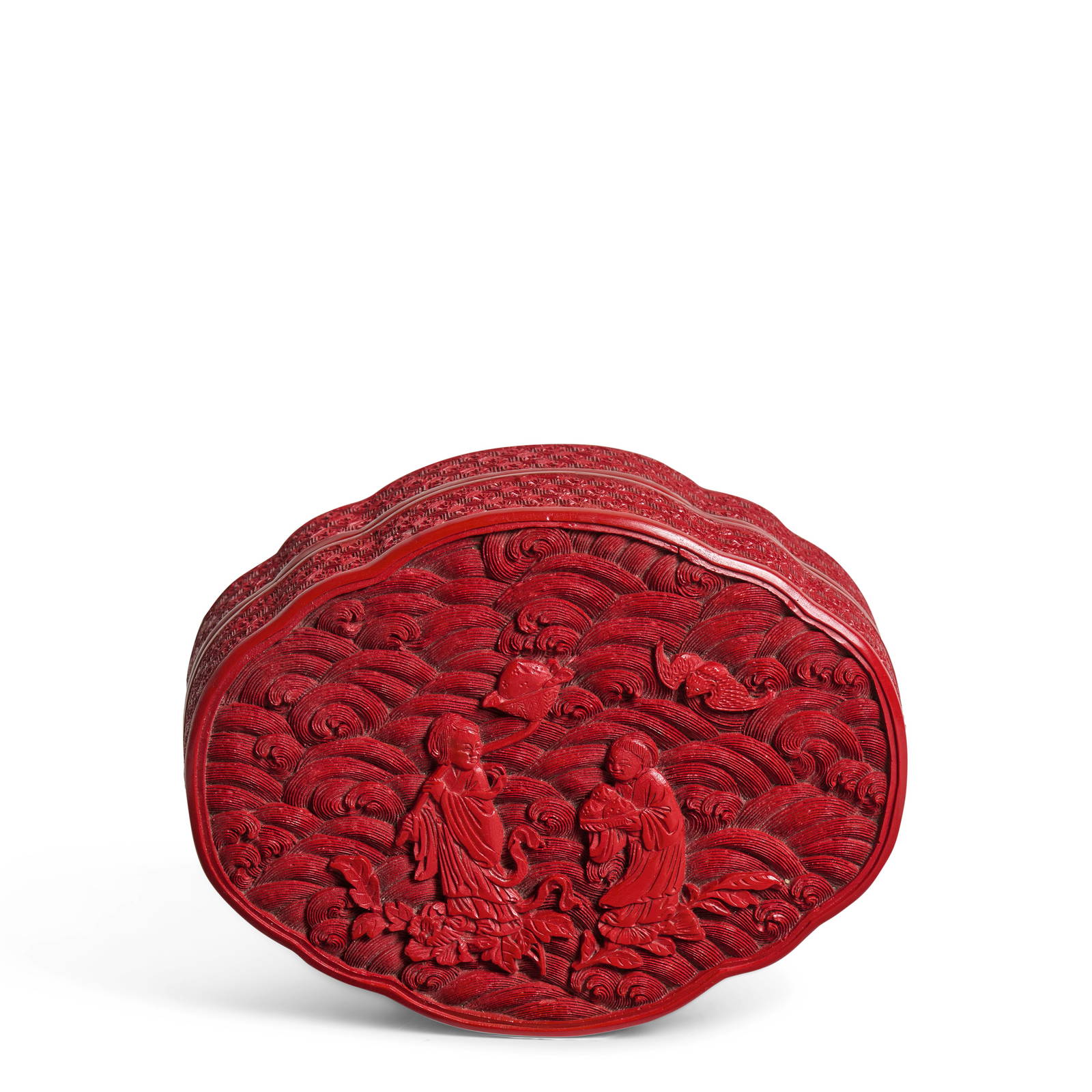 AN OVAL CINNABAR LACQUER 'LONGEVITY' BOX AND COVER 18th century
