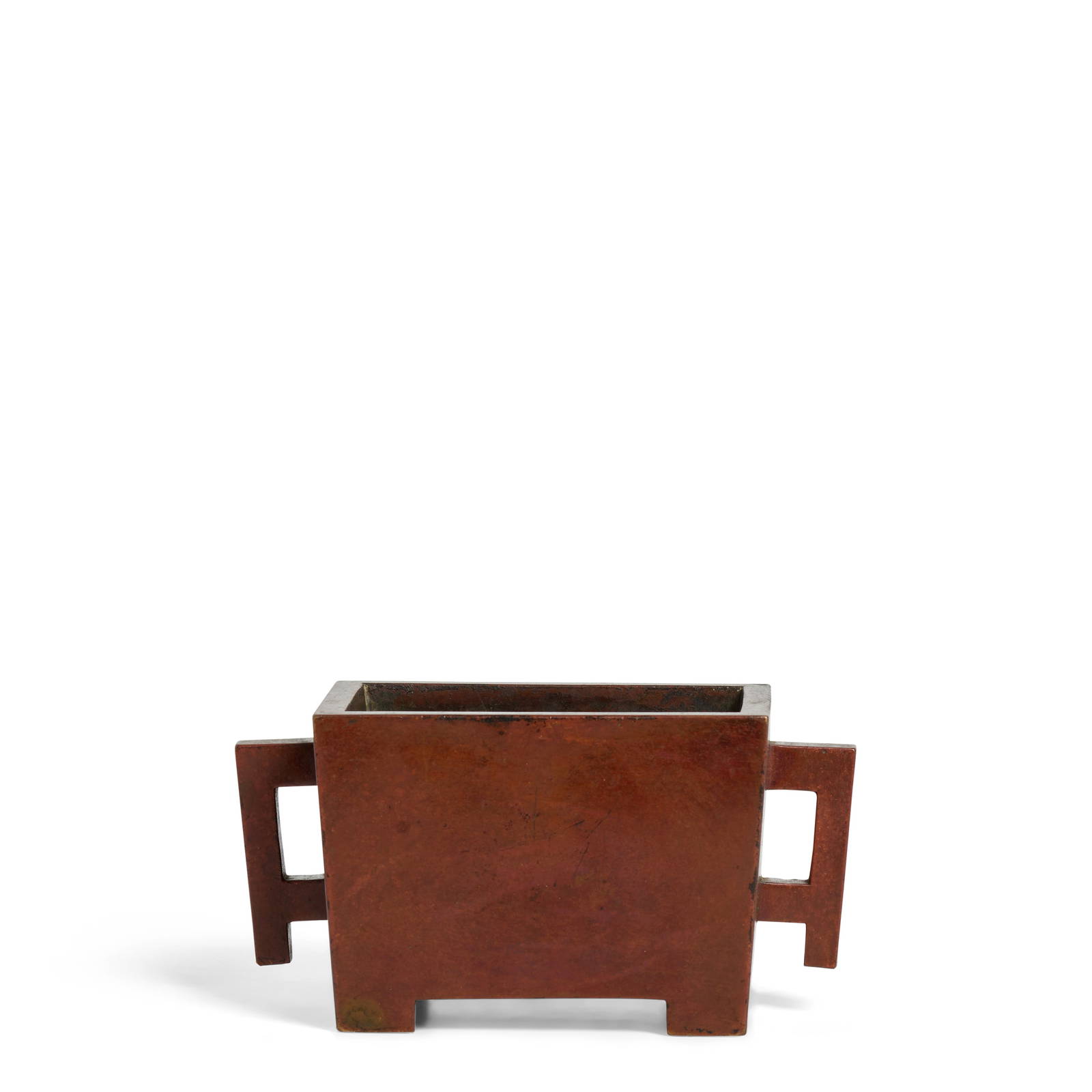 A RECTANGULAR BRONZE CENSER WITH SQUARE HANDLES Xuande mark, Qing Dynasty