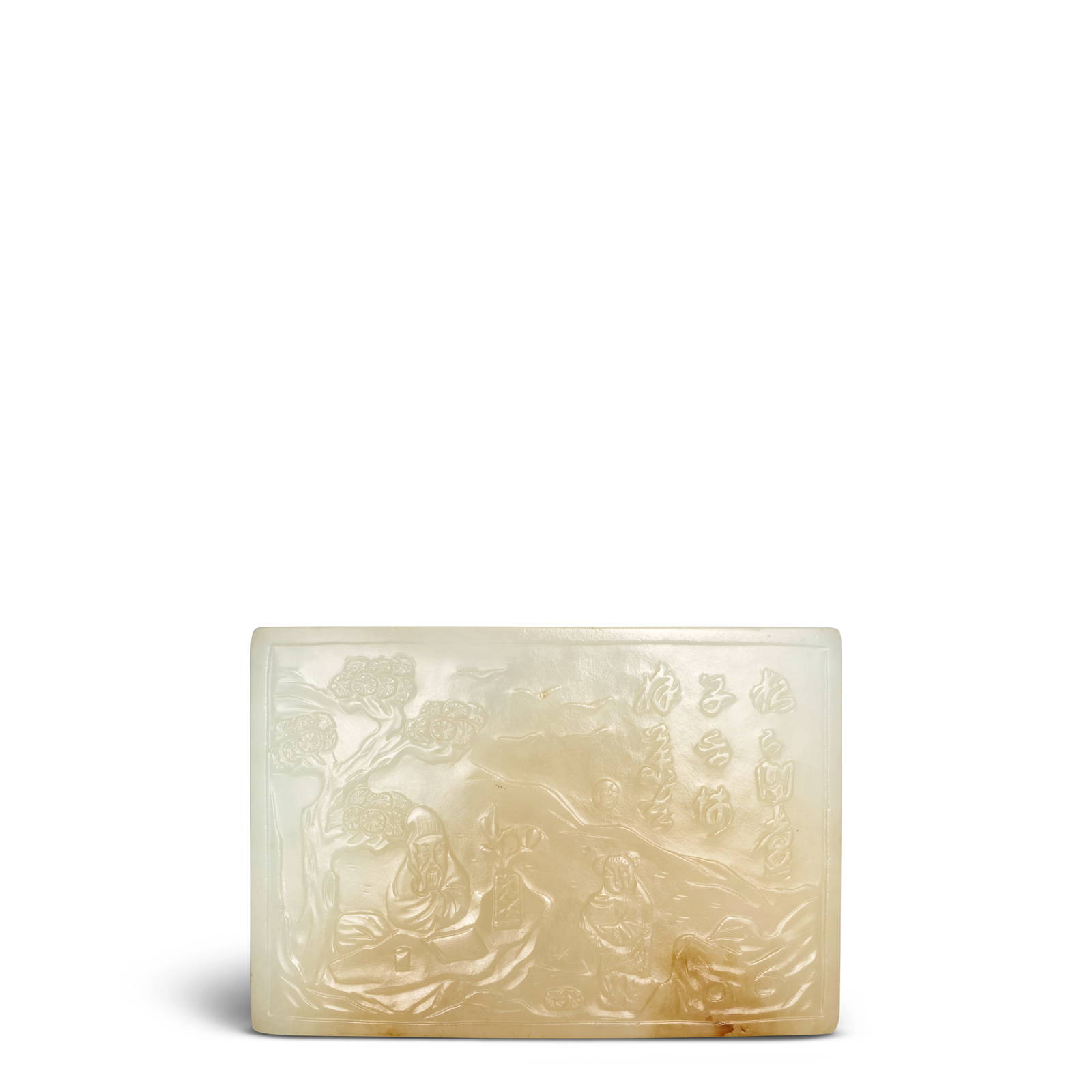 AN INSCRIBED WHITE JADE 'FIGURAL' INK-CAKE REST Mid-Qing Dynasty