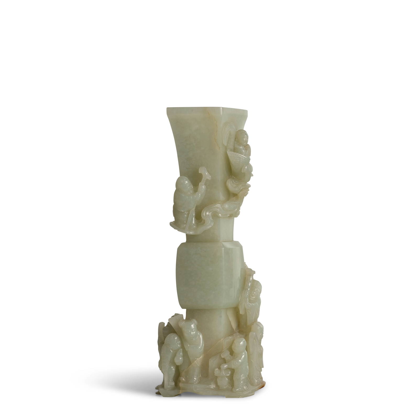 A PALE CELADON JADE GU-FORM BEAKER VASE WITH DAOIST DEITIES 19th century