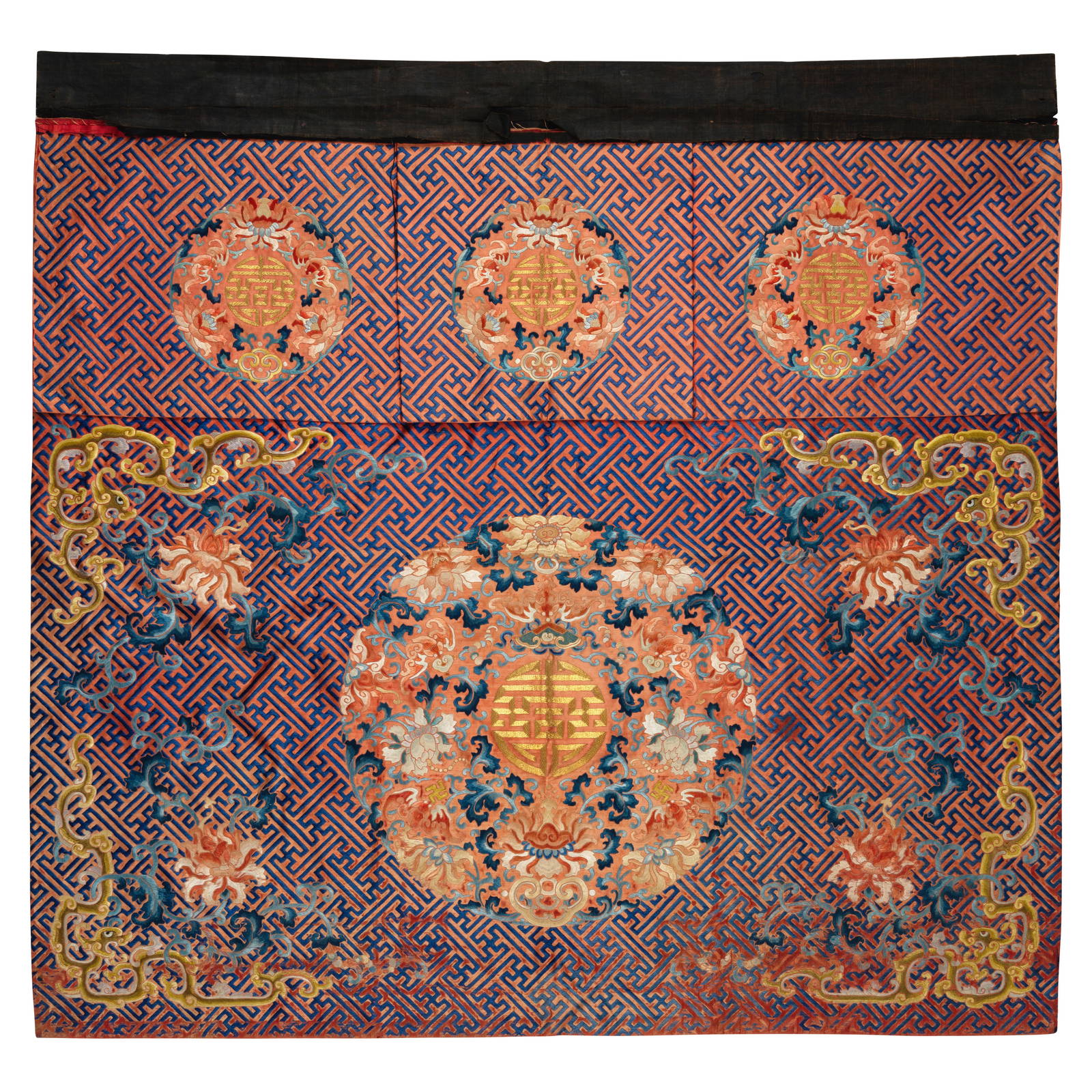 A RARE CORAL-GROUND EMBROIDERED PANEL Mid-19th century