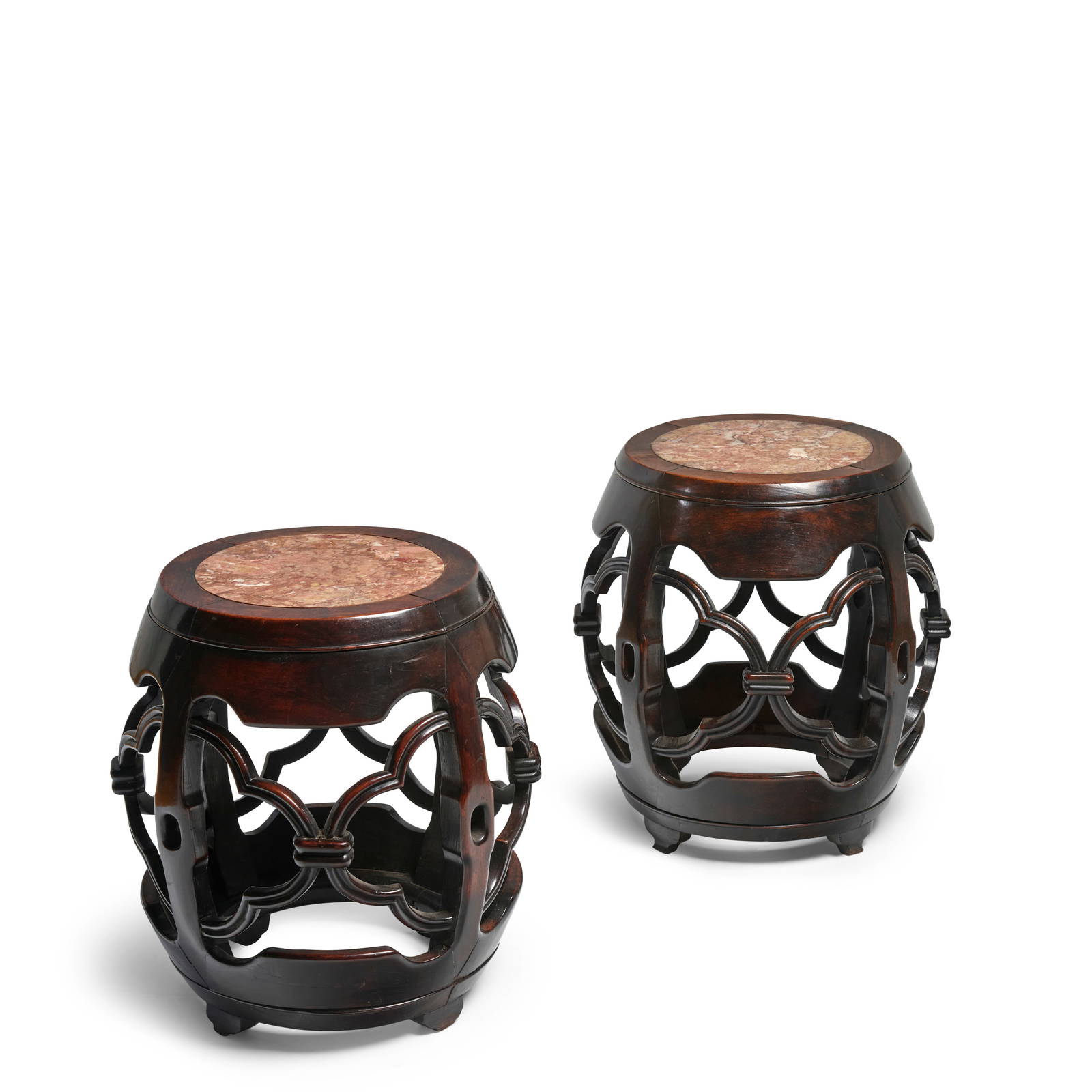 TWO MARBLE-INSET HONGMU DRUM STOOLS, ZUODUN 19th century (2)