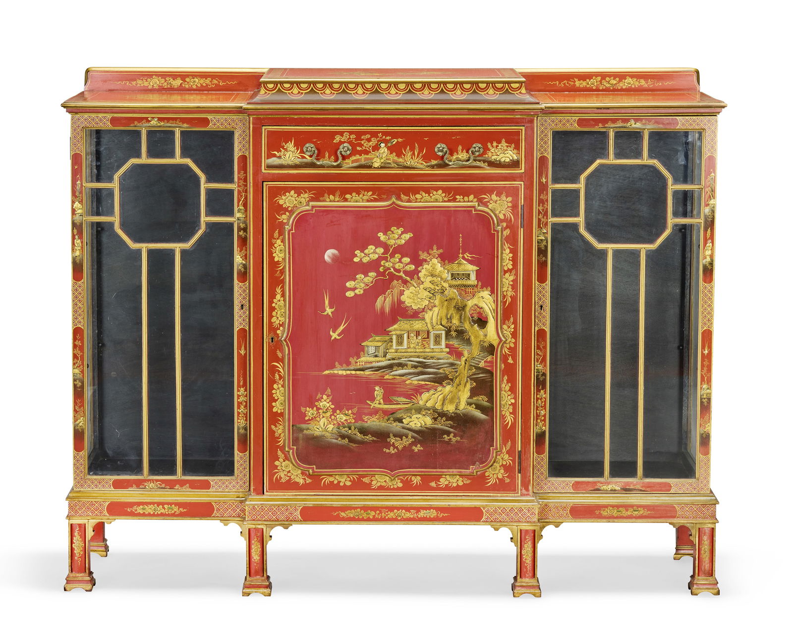 An early 20th century red Japanned side cabinet in the Chinese Chippendale styleAttributed to Hille (1 of 1)