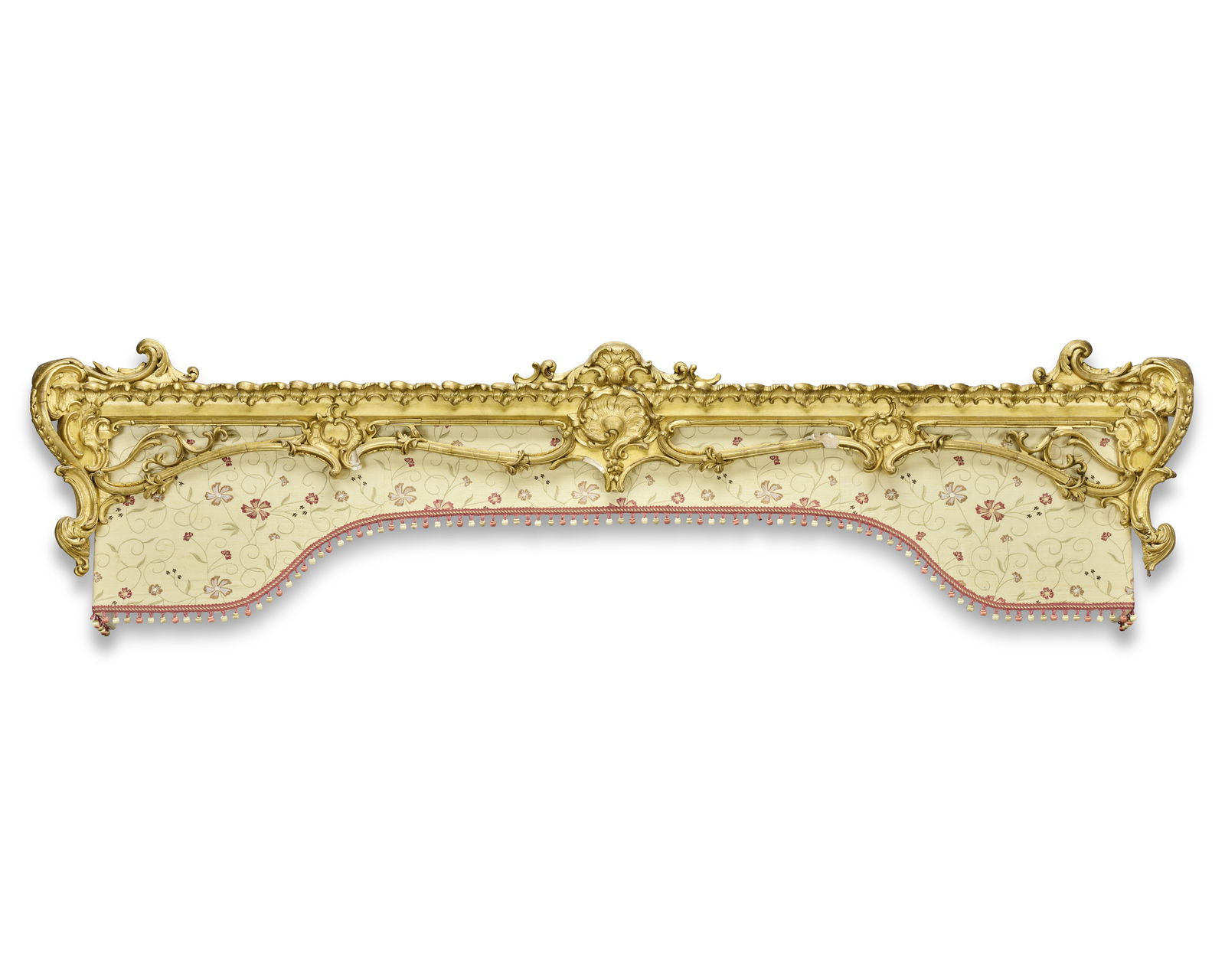 A carved giltwood and composition pelmet with stiff upholstered canape, together with a pair of ...: A carved giltwood and composition pelmet with stiff upholstered canape, together with a pair of curtains The pelmet in the Rococo style decorated with s-scrolls, acanthus leaves and centred by a scall