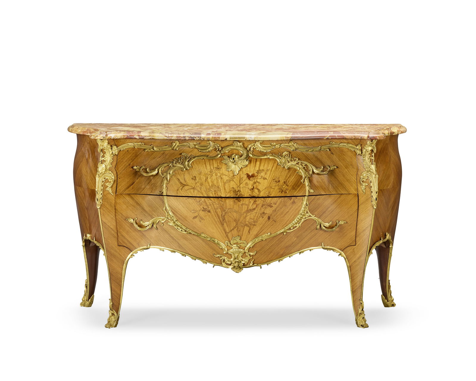 A French late 19th century kingwood, marquetry and gilt bronze mounted bombé commodeIn the ...: A French late 19th century kingwood, marquetry and gilt bronze mounted bombé commode In the Louis XV style, attributed to Joseph-Emmanuel Zwiener (1848-1895) The serpentine shaped moulded marble