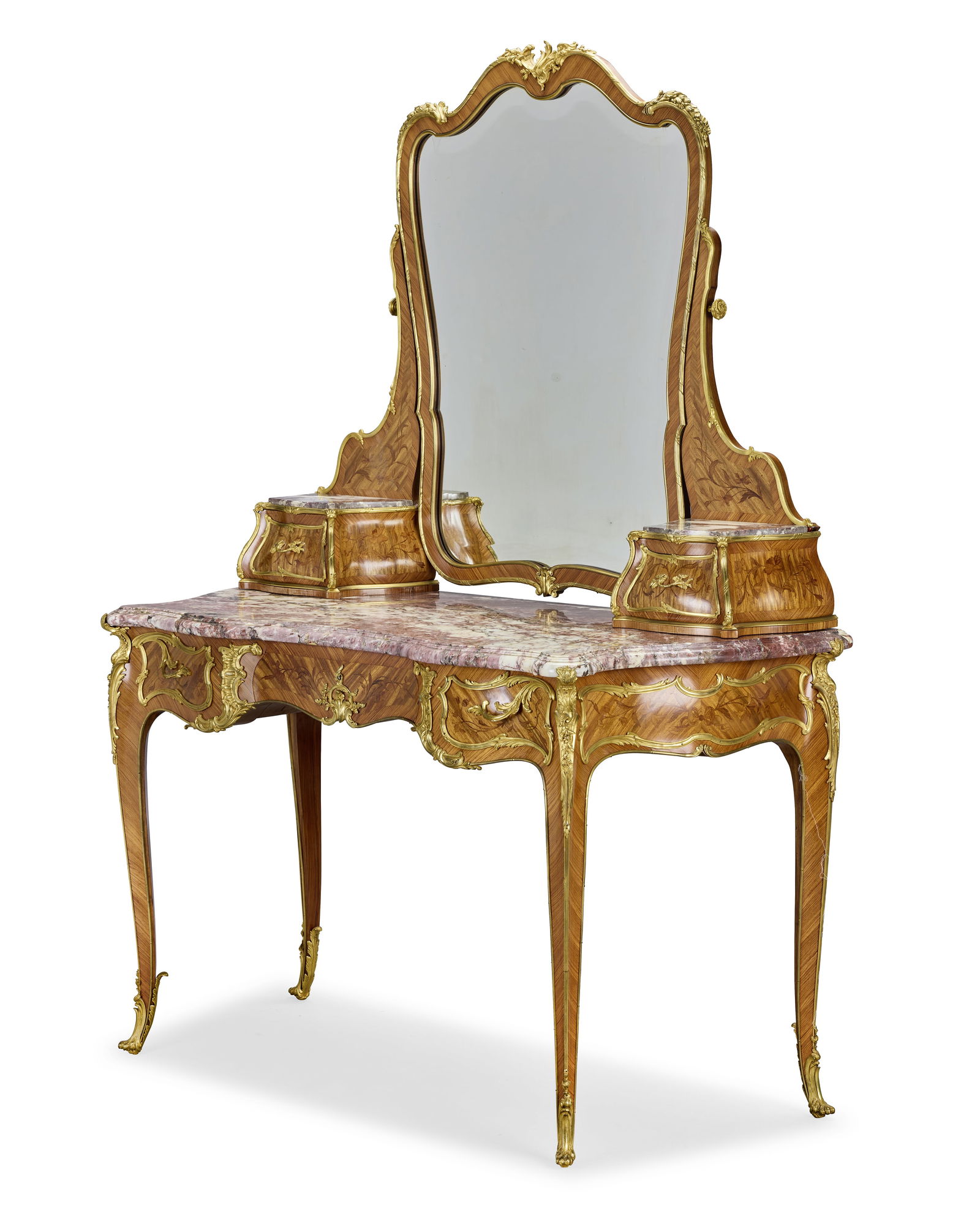 A late 19th century kingwood, marquetry and gilt bronze mounted dressing tableMade by Joseph-Emm...: A late 19th century kingwood, marquetry and gilt bronze mounted dressing table Made by Joseph-Emmanuel Zwiener (1848-1895) in the Louis XV style The hinged bevelled mirror flanked by two drawers above