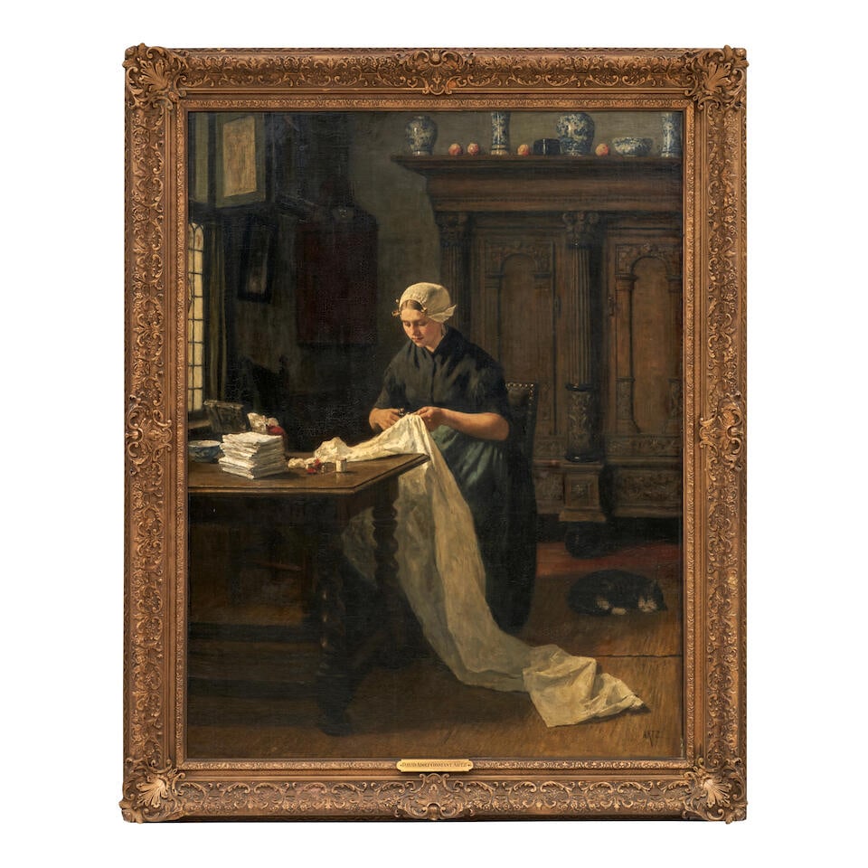 David Adolf Constant Artz (Dutch, 1837-1890) Mending Sheets (framed 154.0 x 124.0 x 9.0 cm (60 5...: David Adolf Constant Artz (Dutch, 1837-1890) Mending Sheets signed 'ARTZ.' (lower right) oil on board 131.0 x 101.0 cm (51 9/16 x 39 3/4 in). framed 154.0 x 124.0 x 9.0 cm (60 5/8 x 48 13/16 x 3 9/16