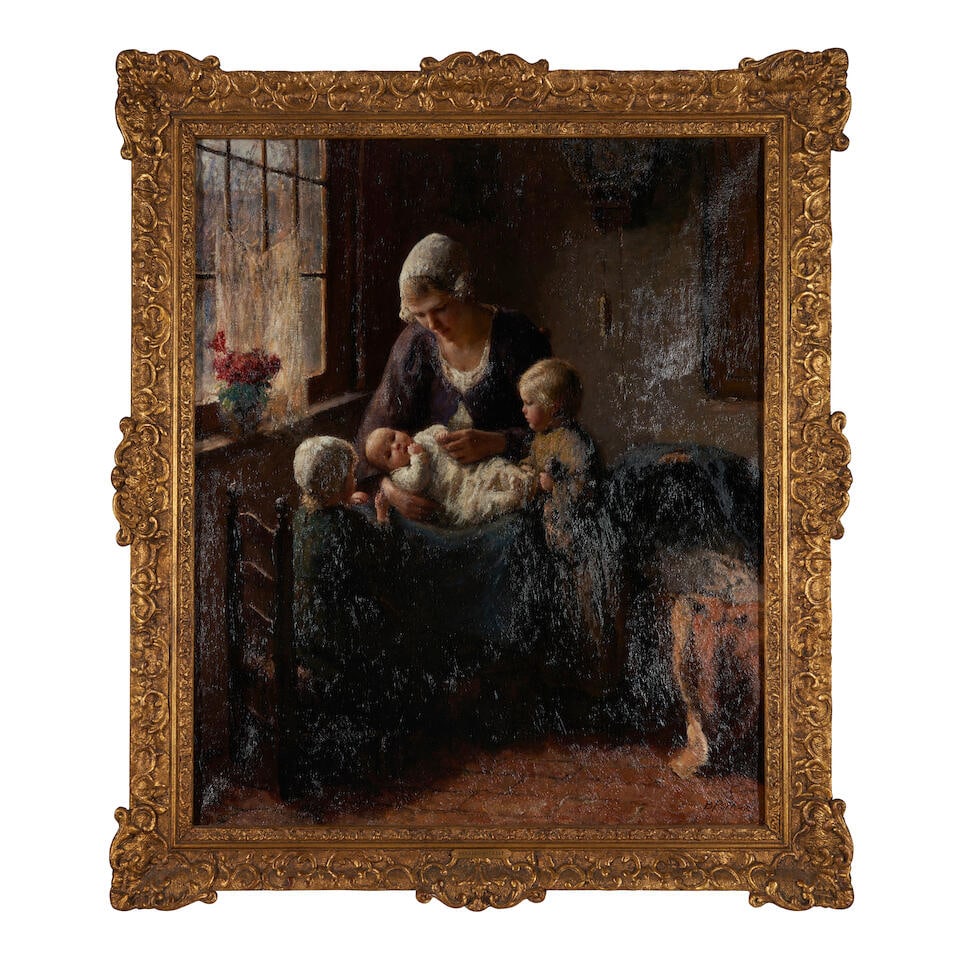 Bernard Pothast (Dutch, 1882-1966) Admiring the New Arrival (framed 89.0 x 76.0 x 6.0 cm (35 1/1...: Bernard Pothast (Dutch, 1882-1966) Admiring the New Arrival signed 'B. Pothast' (lower right) oil on canvas 64.5 x 77.0 cm (25 3/8 x 30 5/16 in). framed 89.0 x 76.0 x 6.0 cm (35 1/16 x 29 15/16 x 2 3