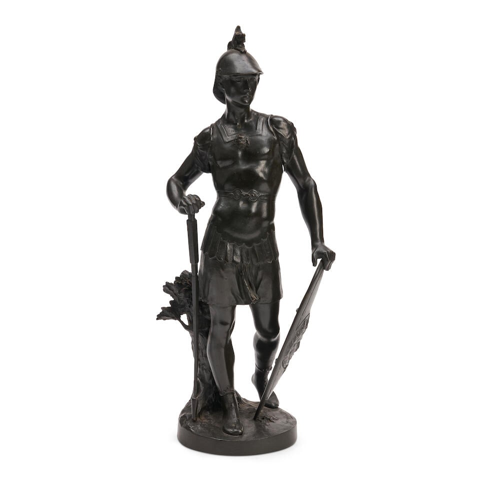 Jean-Baptiste Germain, (France 1841-1910) Bronze Model of a Warrior,: Jean-Baptiste Germain, (France 1841-1910) Bronze Model of a Warrior, brown/black patina, the standing figure modeled with spear in one hand, a shield in the other, inscribed signature, ht. 17 in. For