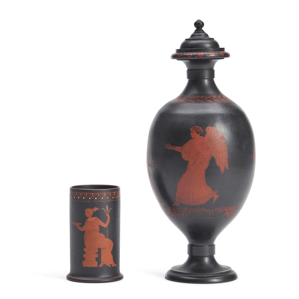 Two Wedgwood Encaustic Decorated Black Basalt Items,  England, 19th century, (1 of 2)
