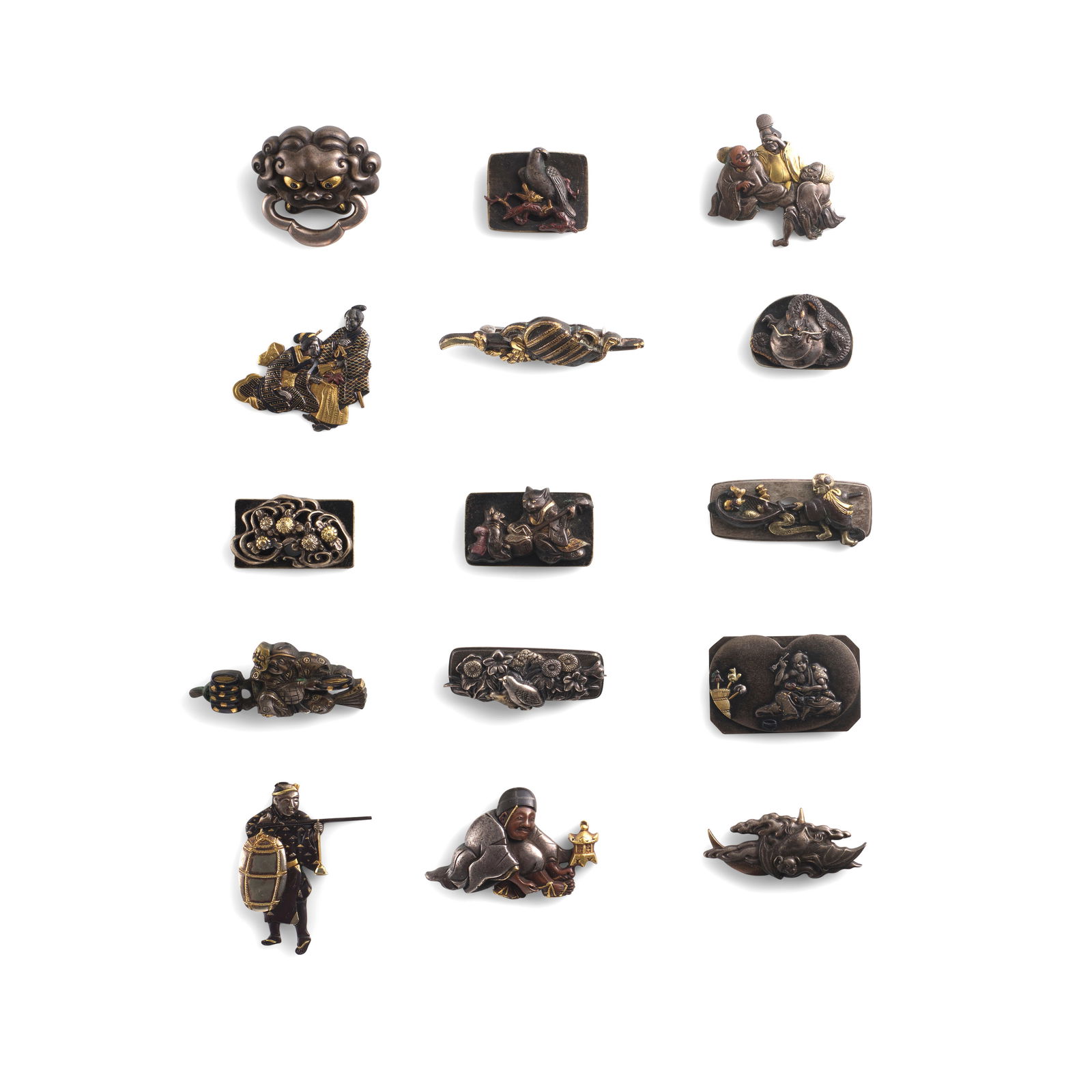 A MIXED-METAL KURIKATA (CORD LOOP) AND 14 MIXED-METAL KANAMONO (POUCH CLASPS) Edo period (1615-1... (1 of 1)