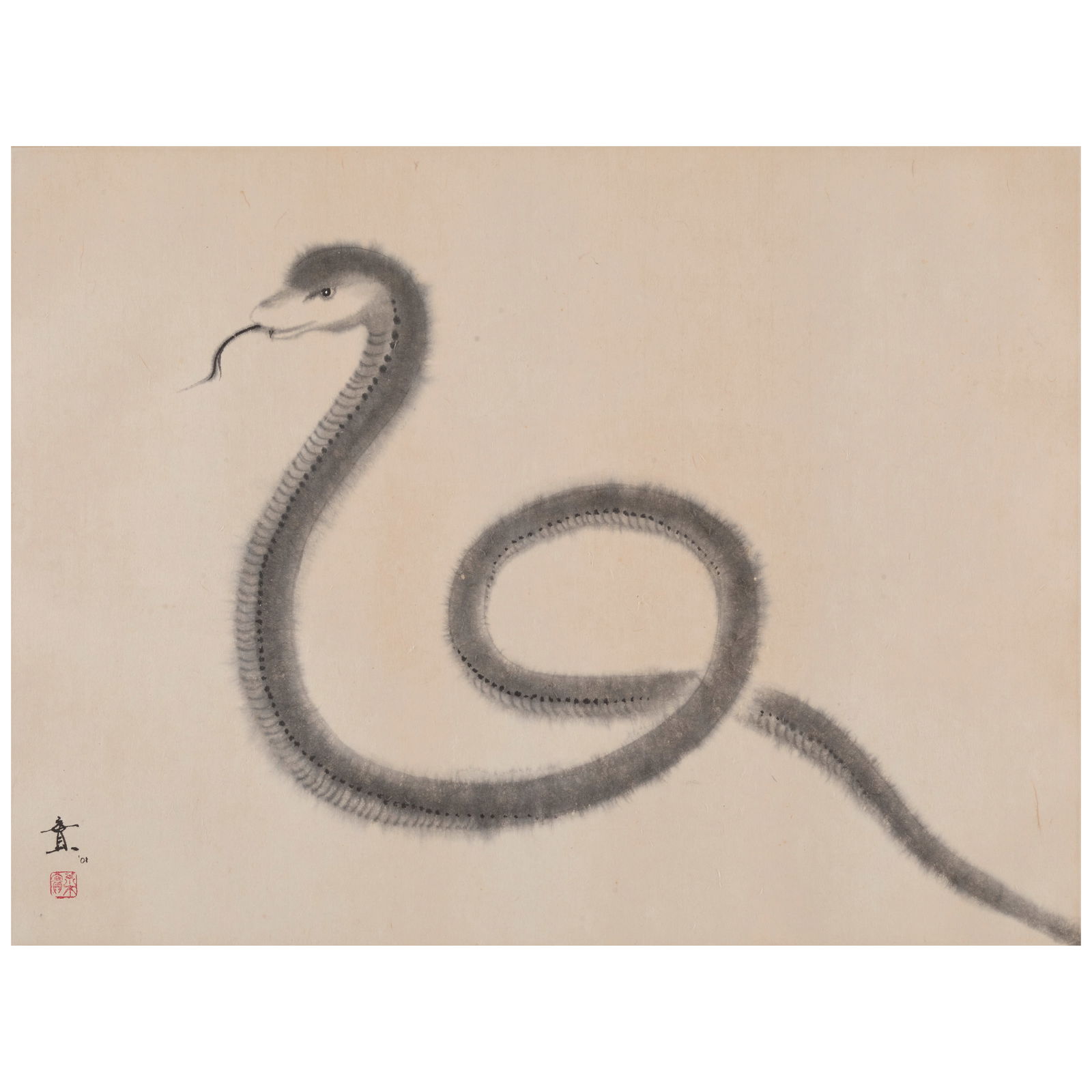 MINOL ARAKI (1928-2010) Coiled Snake Heisei era (1989-2019), dated 2001: MINOL ARAKI (1928-2010) Coiled Snake Heisei era (1989-2019), dated 2001 A painting in ink on paper (presently matted with a textile border) depicting a snake, signed Minoru '01 and sealed Araki Minoru