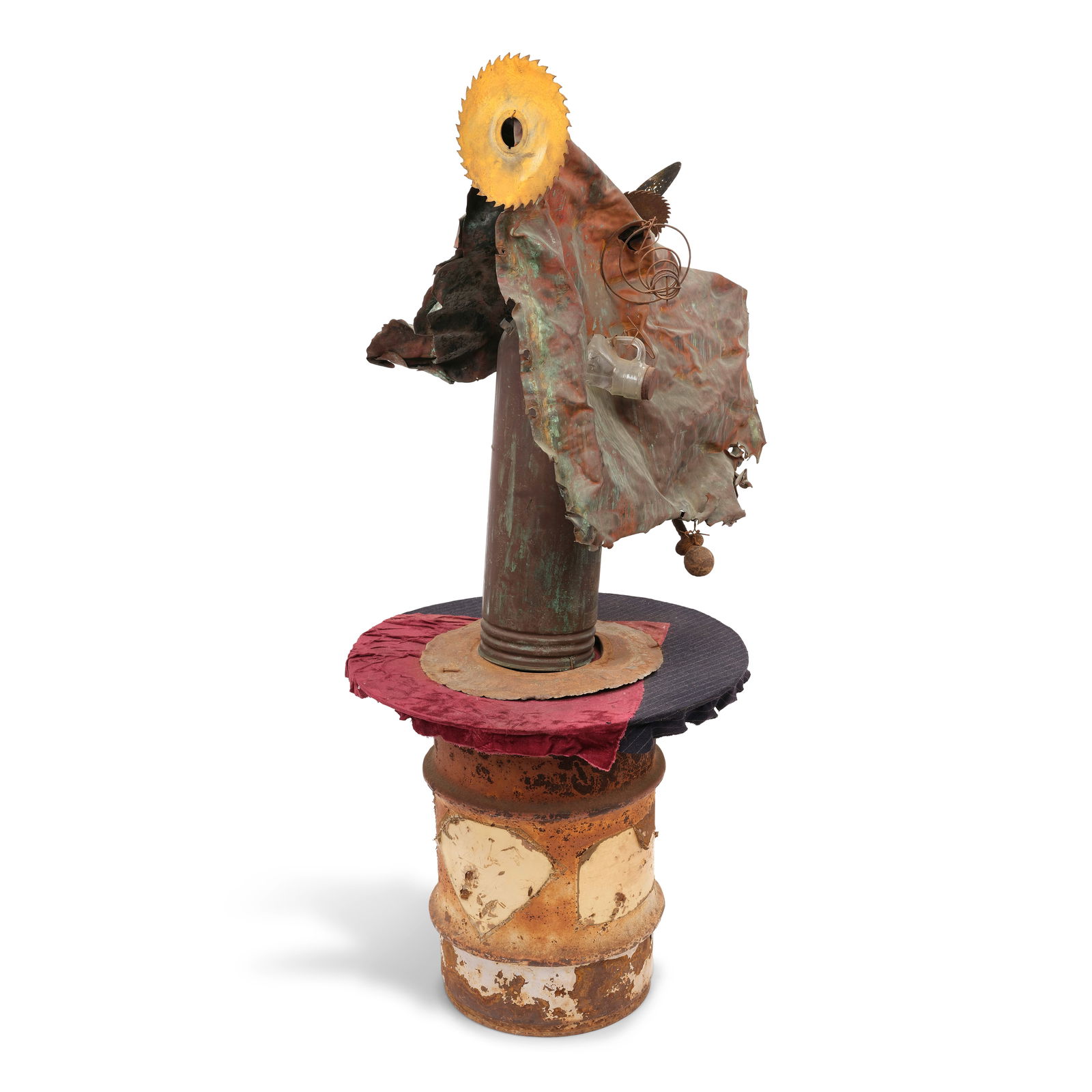 GEORGE HERMS (B. 1935) Gorgeous Folly, 1994: GEORGE HERMS (B. 1935) Gorgeous Folly, 1994 stamped 'L O V E' (with a letter in each corner of the underside) found metal, glass, textile, and mixed media assemblage 57 1/2 x 25 x 27 1/2 in. 146.1 x 6