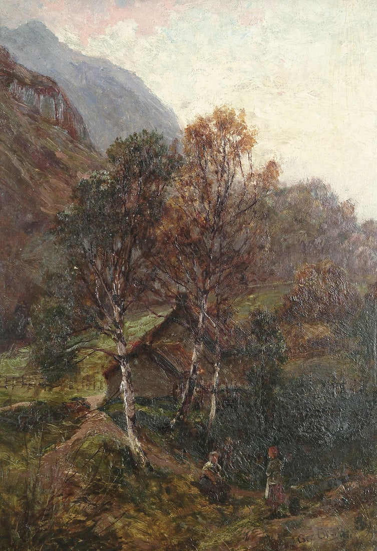 George Gray (British, 19th Century) Figures conversing by a cottage in the shadow of a mountain,...: George Gray (British, 19th Century) Figures conversing by a cottage in the shadow of a mountain, signed, oil on panel, 34.2 x 24.2 cm (13 1/2 x 9 1/2 in) For further information on this lot please vis