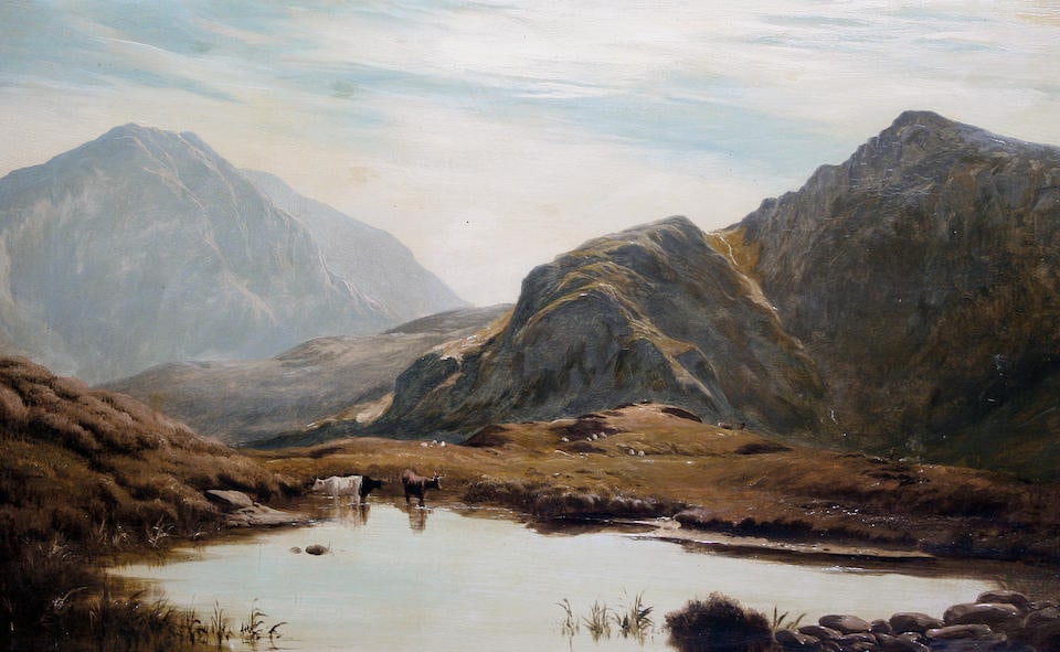 Attributed to Charles Leslie (British, circa 1835-1890) Mountain lake scene: Attributed to Attributed to Charles Leslie (British, circa 1835-1890) Mountain lake scene bears signature 'S.Percy' (lower right), oil on canvas 41 x 67cm (16 1/8 x 26 3/8in). For further information