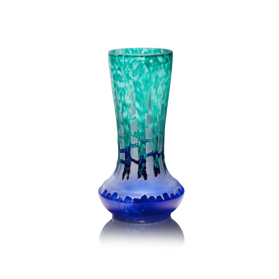 Charles Schneider 'Chicorées' vase, circa 1918-22: Charles Schneider 'Chicorées' vase, circa 1918-22 Frosted clear glass, acid-etched in relief and overlaid in teal and blue. 22 cm high, 11 cm diameter Berlingot mark to underside. Footnotes: Prov