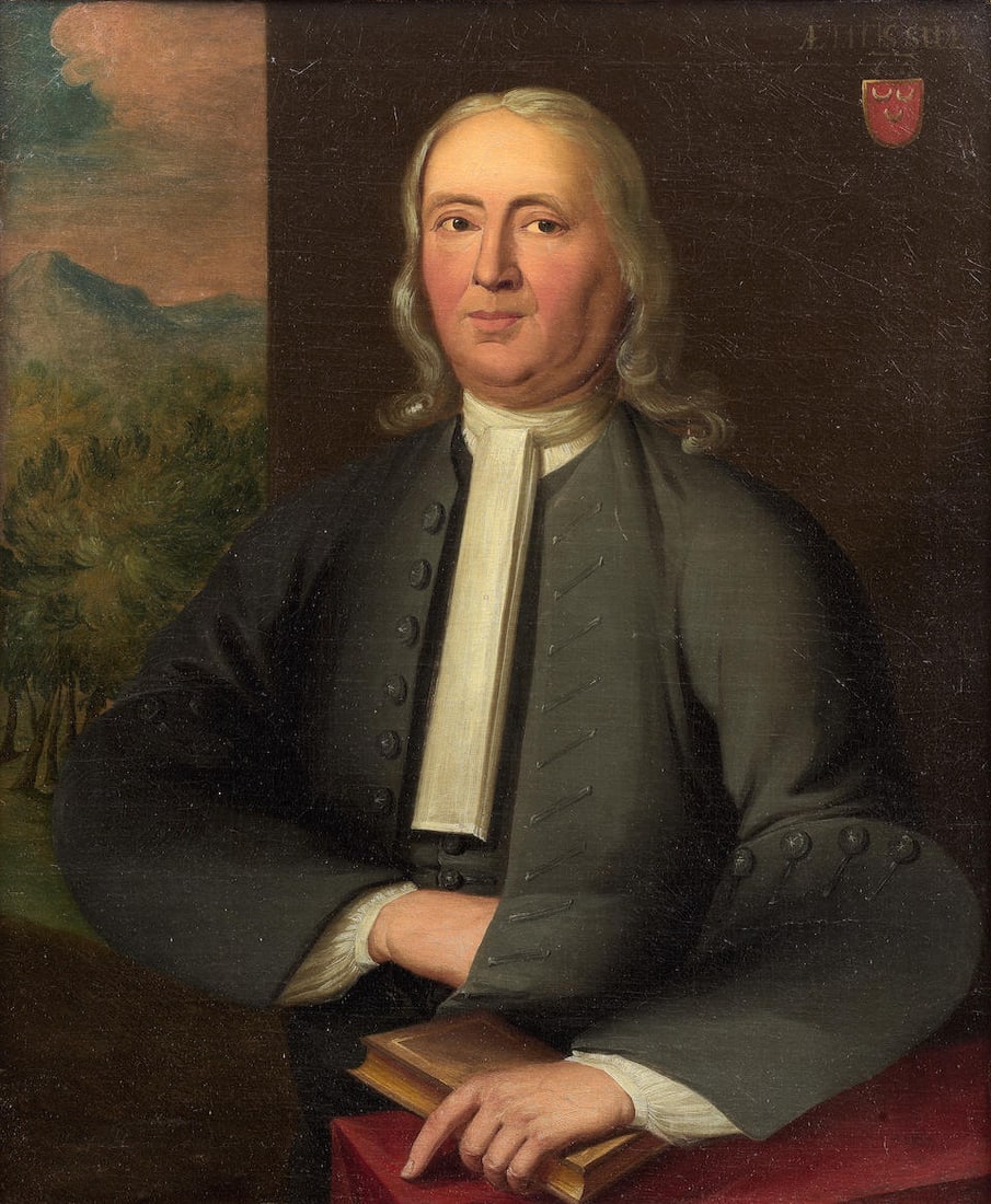 English School, 18th Century Portrait of a gentleman of the Monins family, probably the Rev. Ric...: English School, 18th Century Portrait of a gentleman of the Monins family, probably the Rev. Richard Eaton Monins, half-length, in a grey coat, holding a book indistinctly signed and dated L**** Hud**