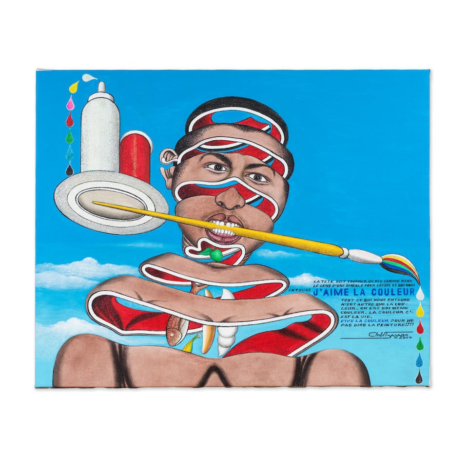 Chéri Samba (République Démocratique du Congo, né en 1956) J'aime la couleur...: Chéri Samba (République Démocratique du Congo, né en 1956) J'aime la couleur, 2004 signé et daté 2004 en bas à droite acrylique et paillettes sur toile signed and da